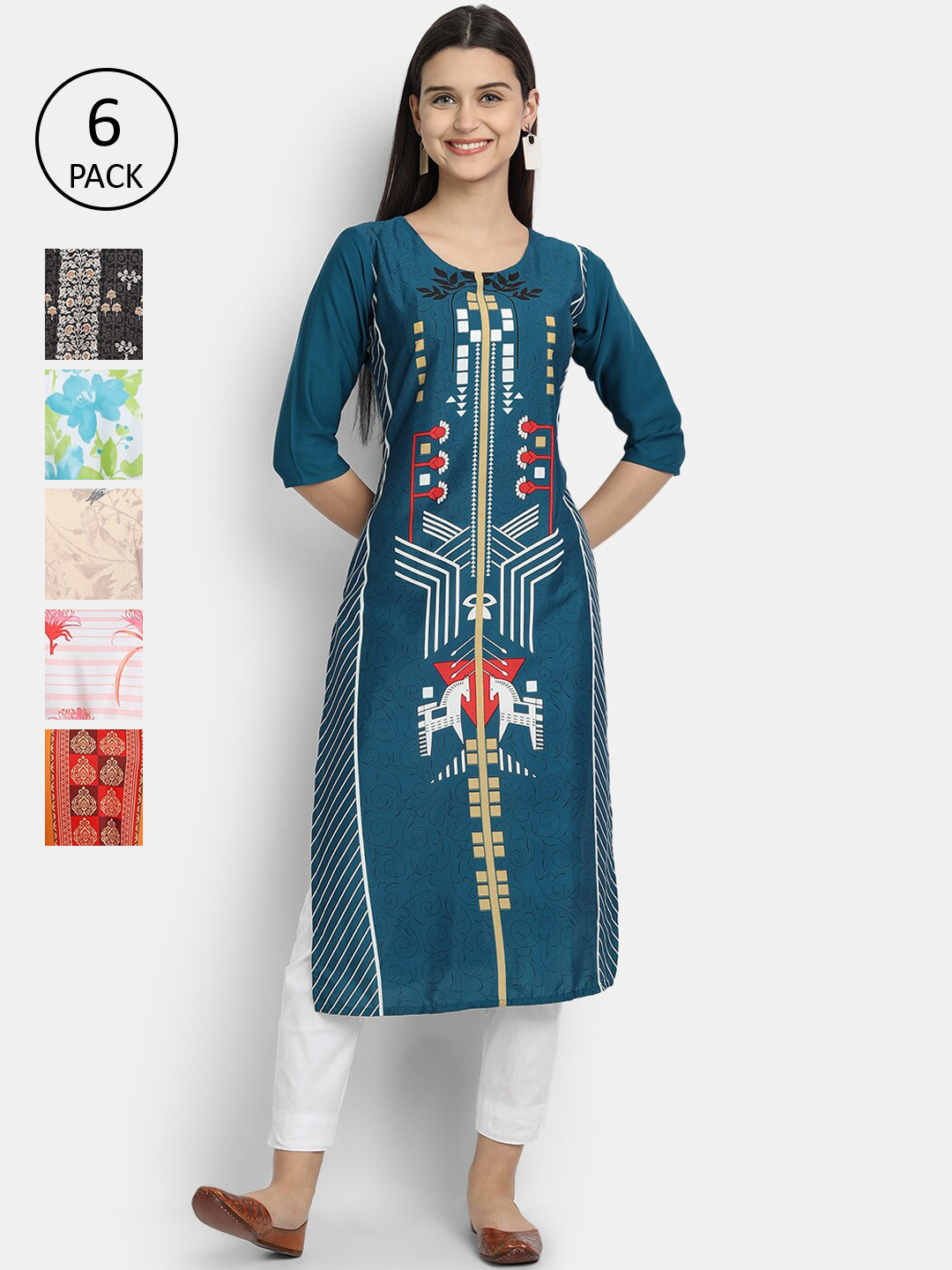 

7Threads Women Multicoloured Geometric Striped Flared Sleeves Thread Work Crepe Kurta, Multi