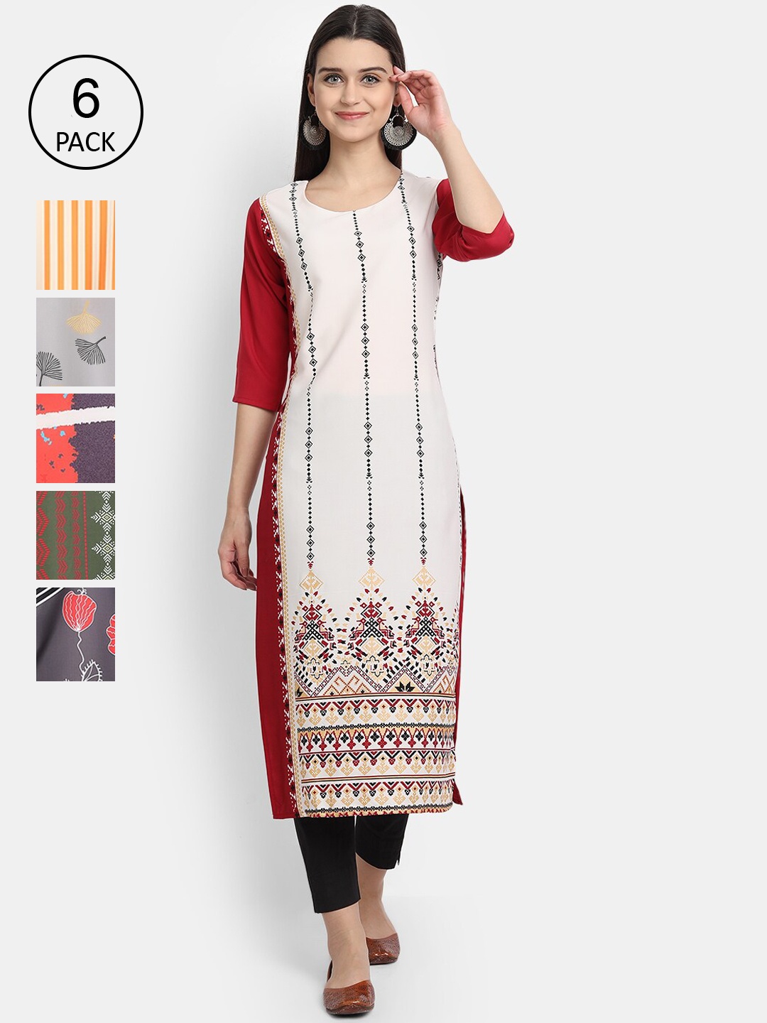 

7Threads Women Pack Of 6 Printed Crepe Kurtas, White