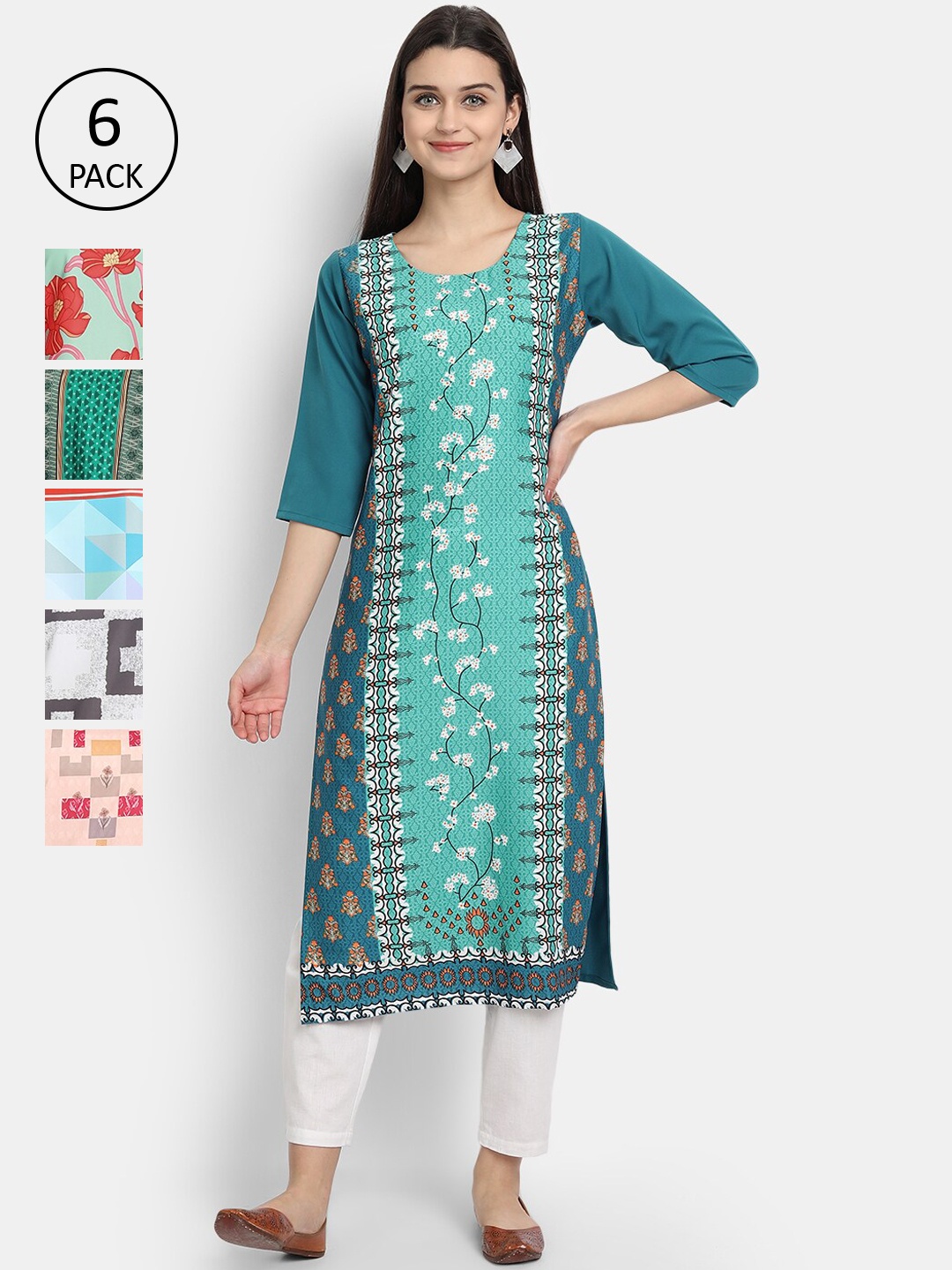 

7Threads Women Multicoloured Pack of 6 Printed Thread Work Crepe Kurta, Multi