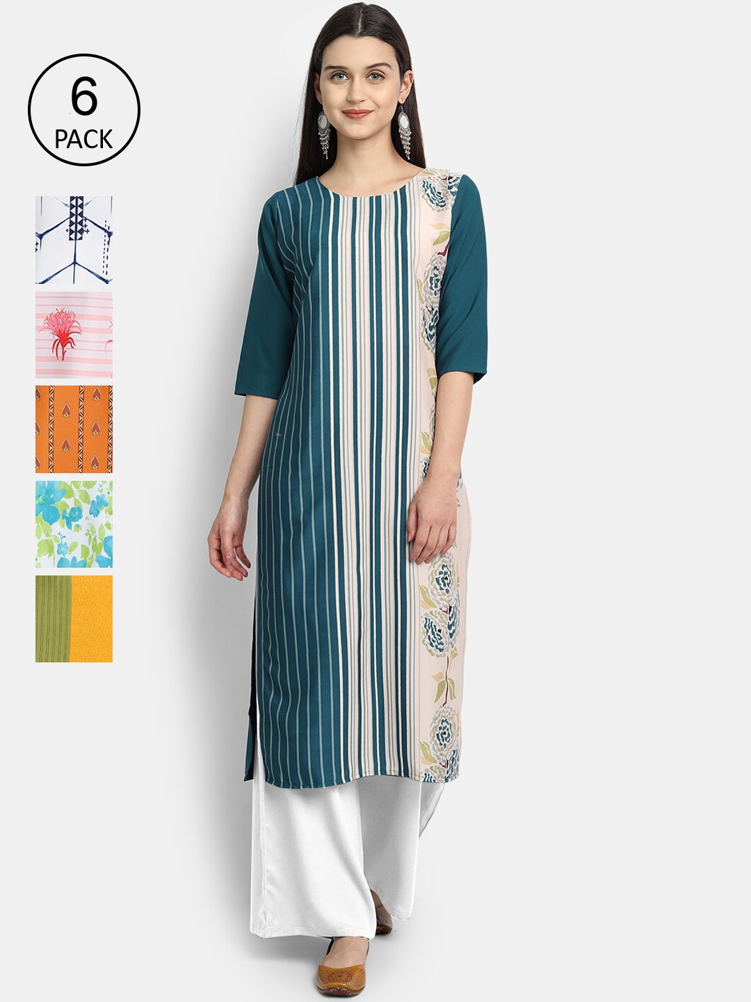 

7Threads Women Pack Of 6 Striped Crepe Kurta, Multi