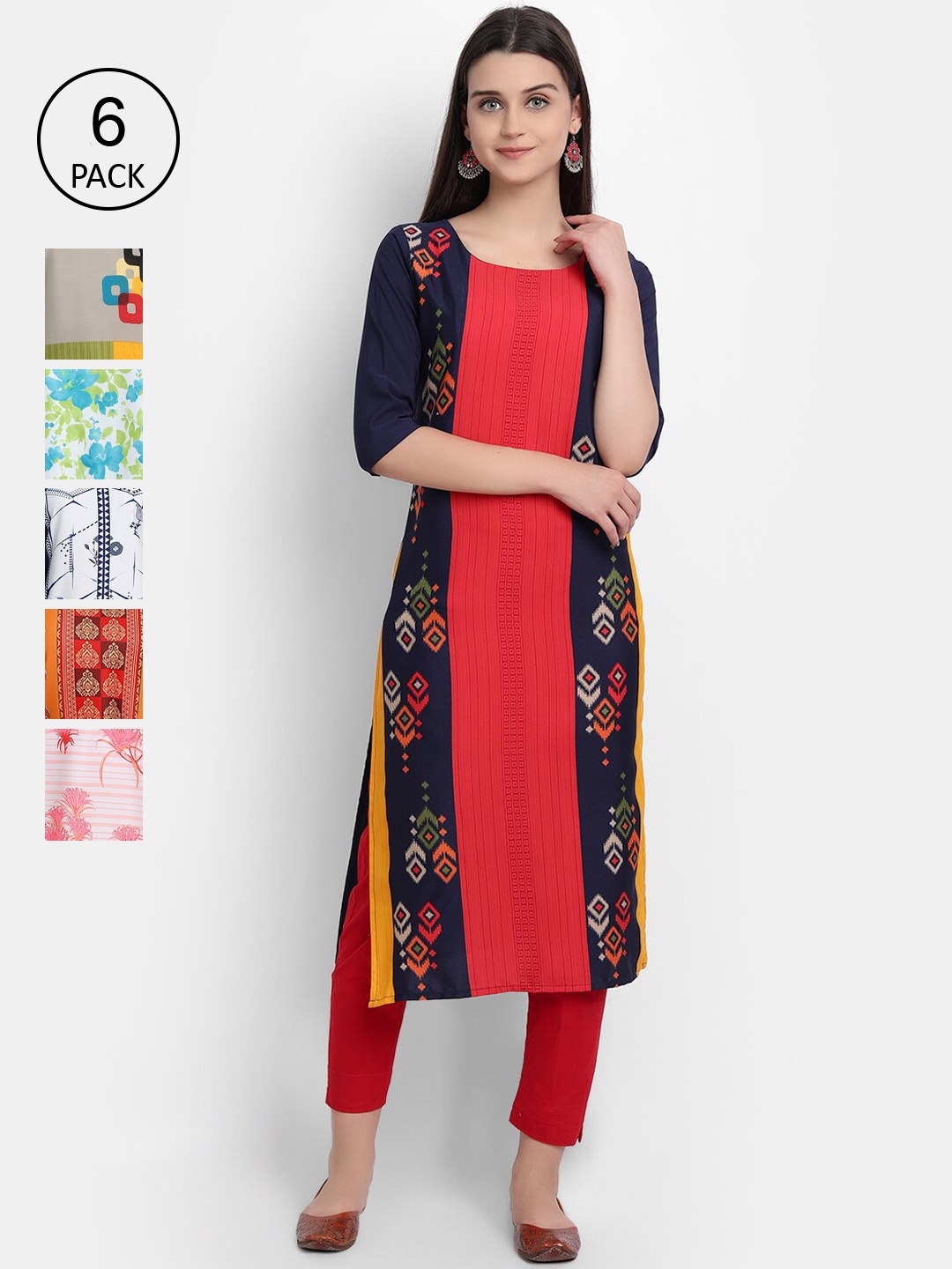 

7Threads Woman Pack of 6 Multicoloured Printed Crepe Kurta, Multi