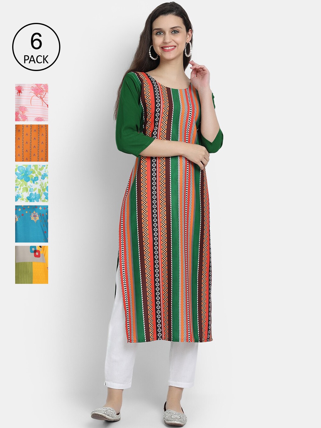 

7Threads Women Pack Of 6 Striped Crepe Kurta, Multi