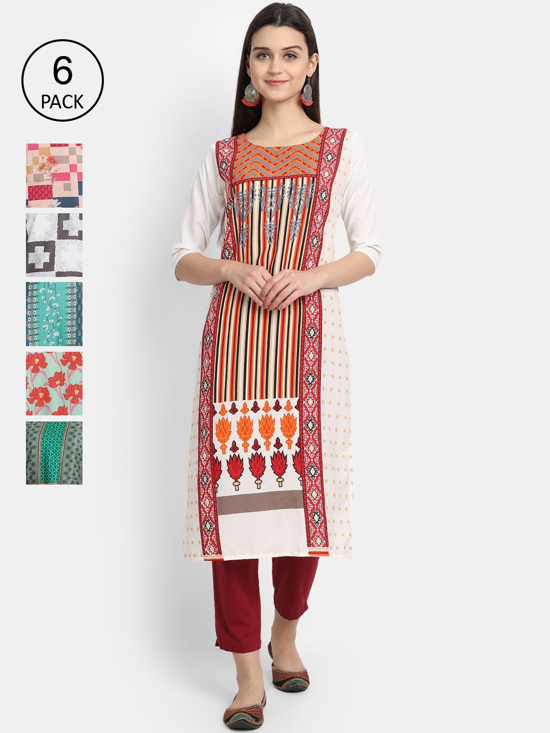 

7Threads Women Pack of 6 Printed Crepe Kurtas, Pink