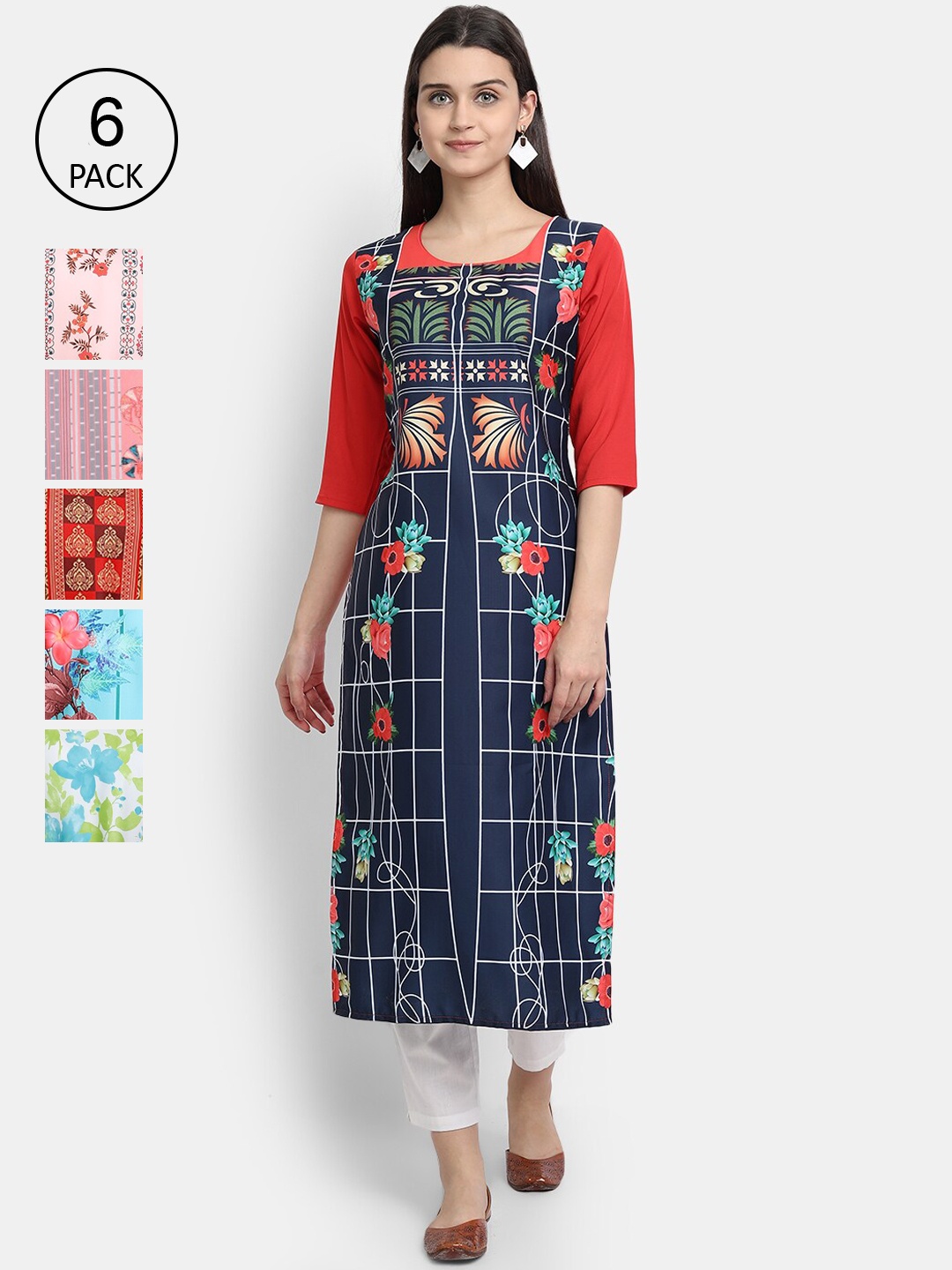 

7Threads Women Pack of 6 Ethnic Motifs Printed Crepe Kurta, Multi