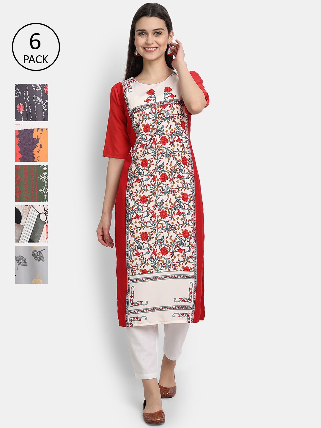 

7Threads Women Pack of 6 Printed Crepe Kurtas, Red