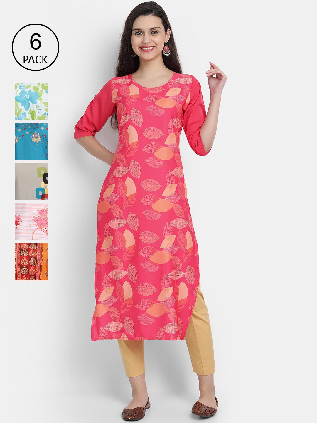 

7Threads Woman Pack of 6 Multicoloured Ethnic Motifs Printed Crepe Kurta, Multi