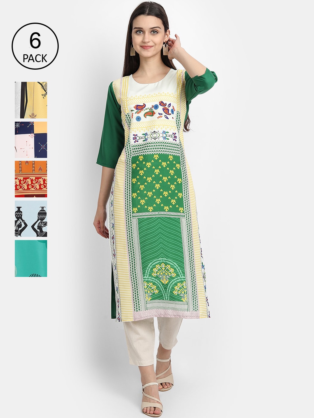

7Threads Women Multicoloured Pack of 6 Ethnic Motifs Printed Crepe Kurta, Multi