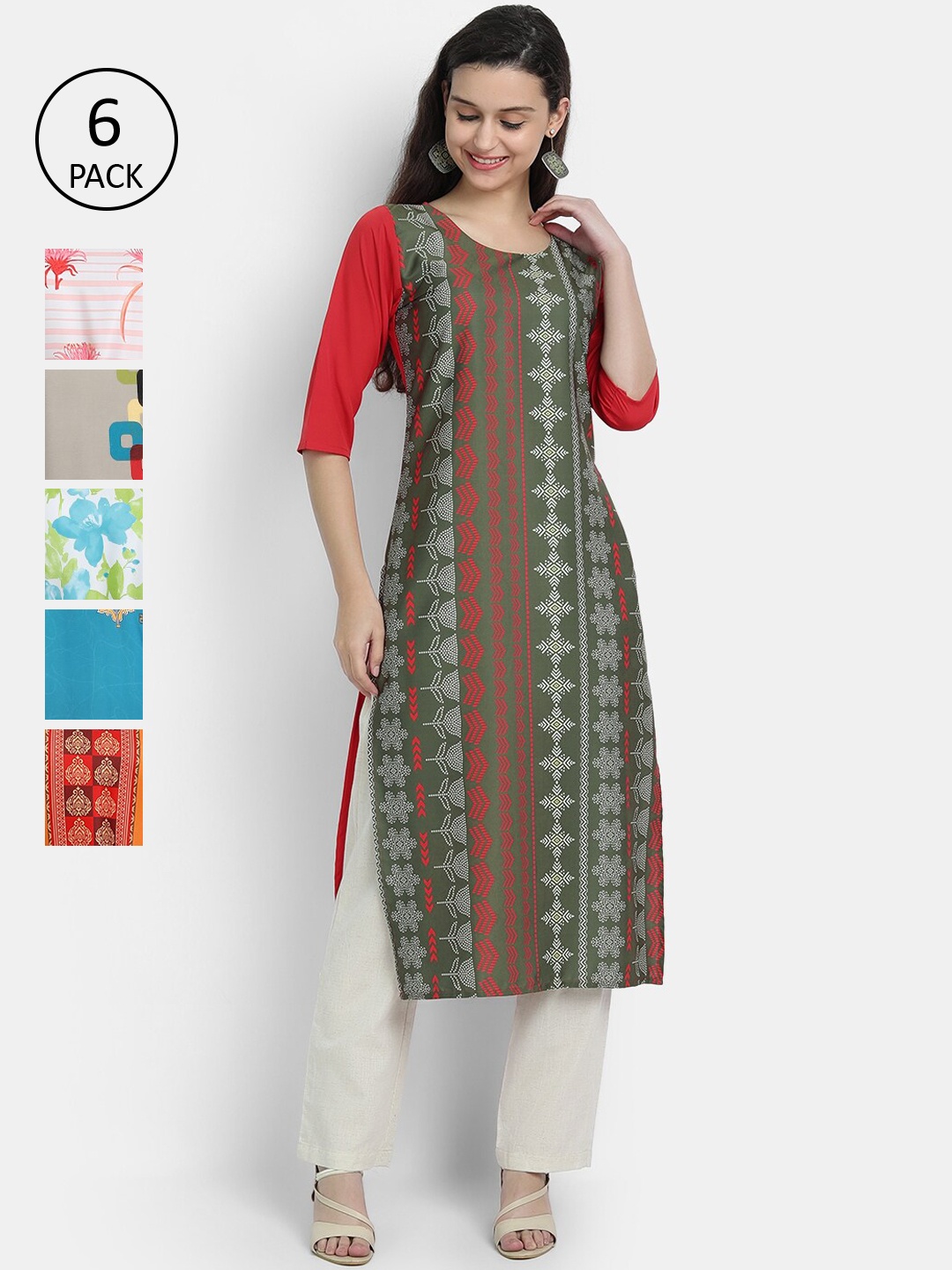 7Threads Women Pack of 6 Ethnic Motifs Printed Crepe Kurta, Multi
