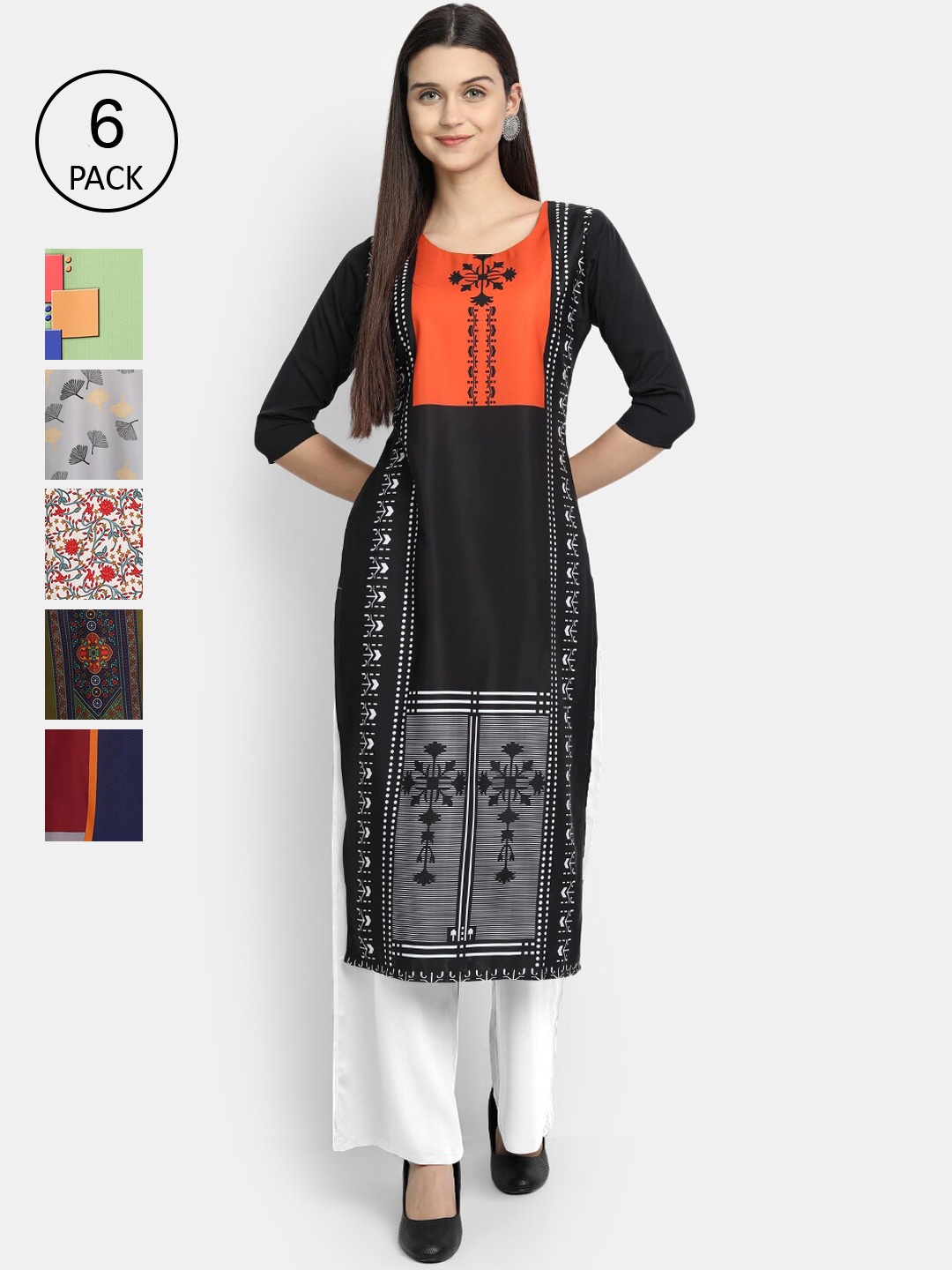 

7Threads Women Black & Green Set Of 6 Geometric Embroidered Crepe Kurta