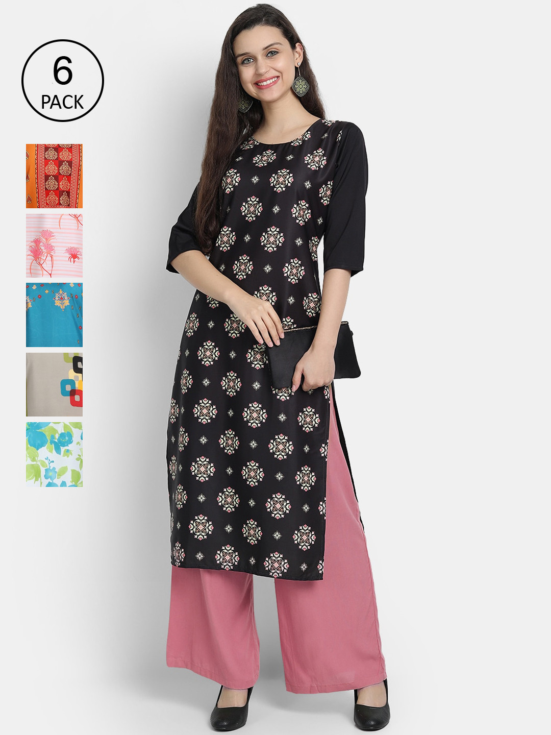 

7Threads Women Pack of 6 Floral Printed Crepe Kurta, Multi