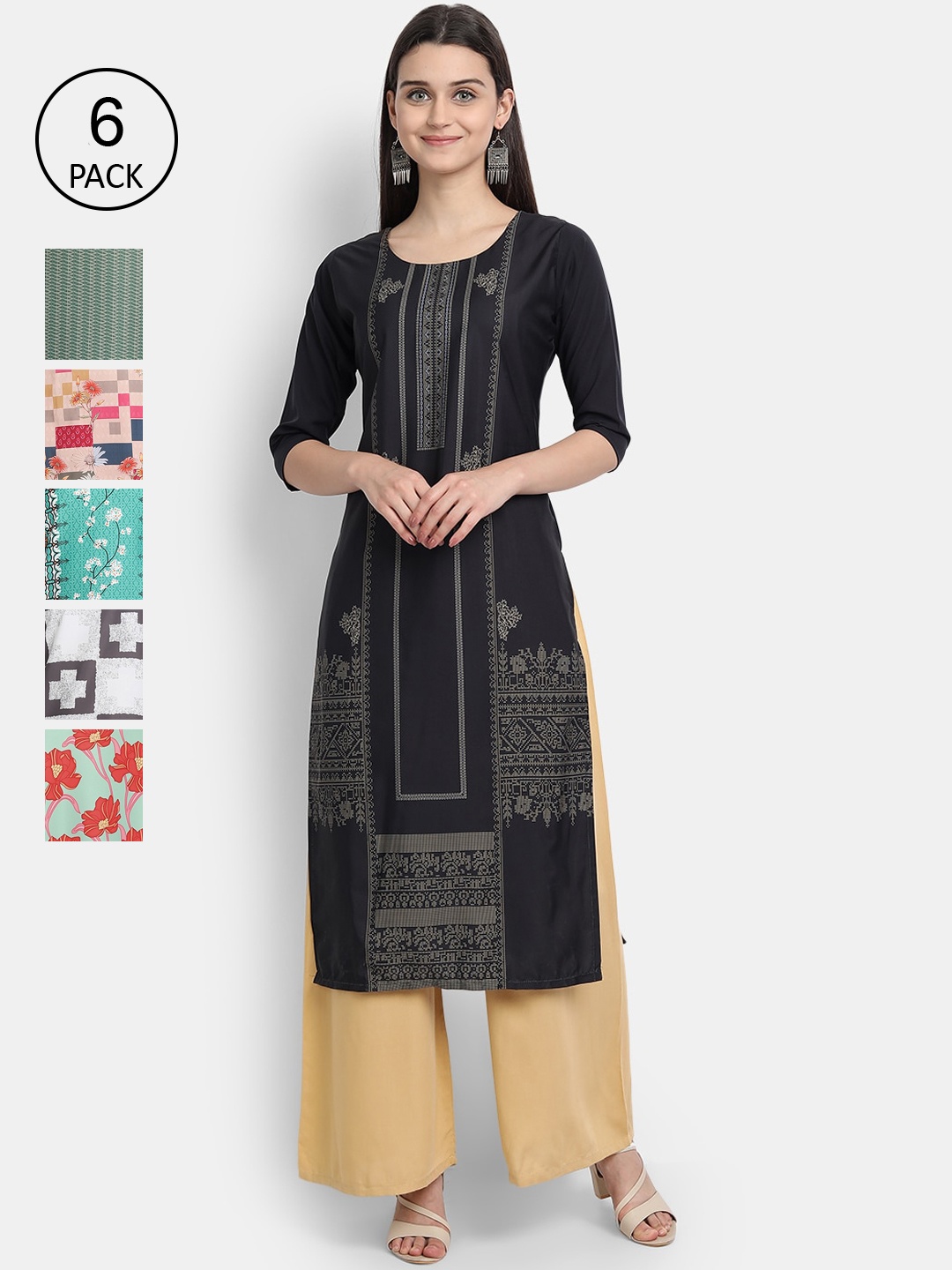 

7Threads Women Pack Of 6 Printed Crepe Kurtas, Black