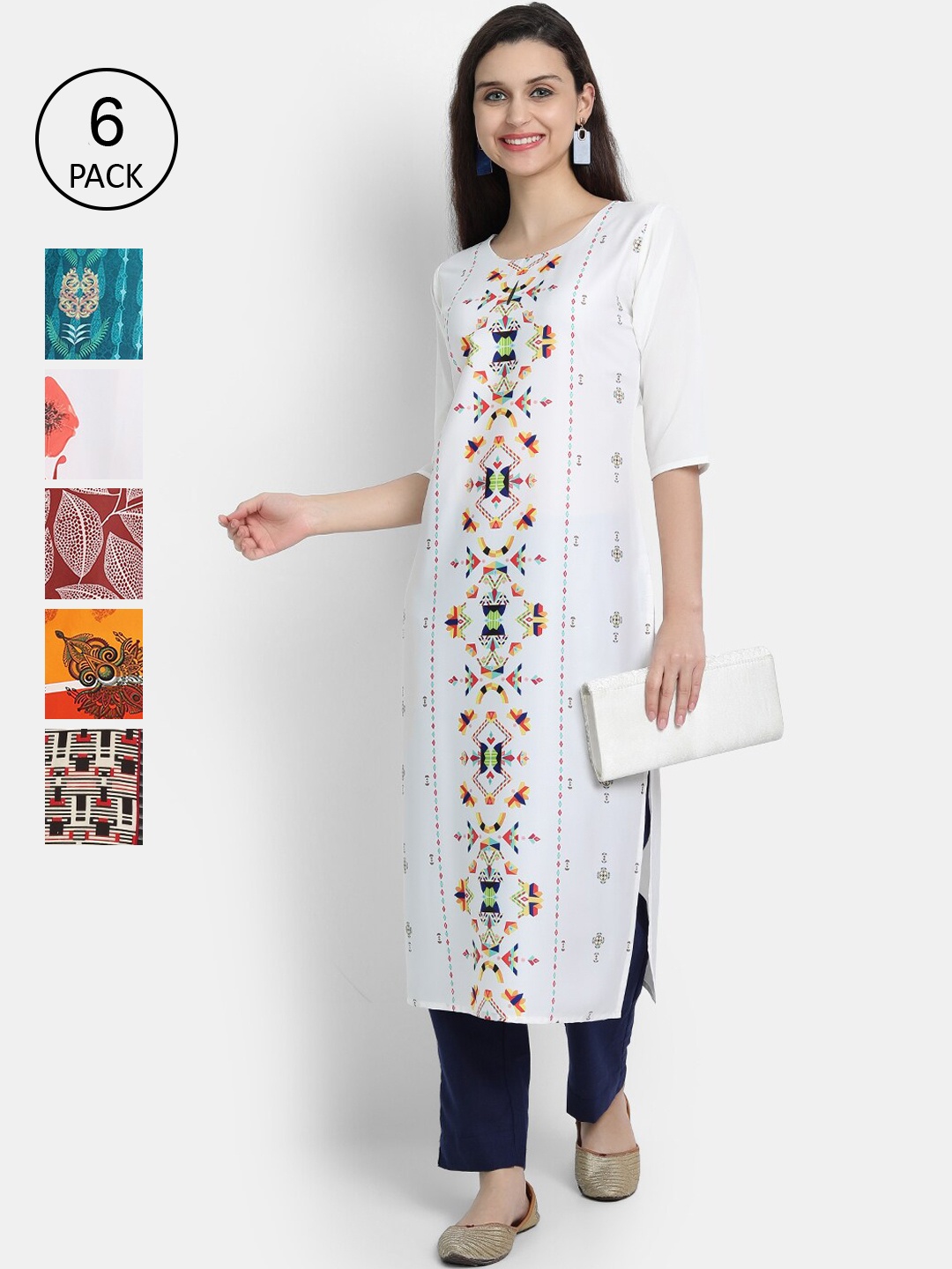 

7Threads Woman Pack of 6 Multicoloured Floral Printed Crepe Kurta, Multi