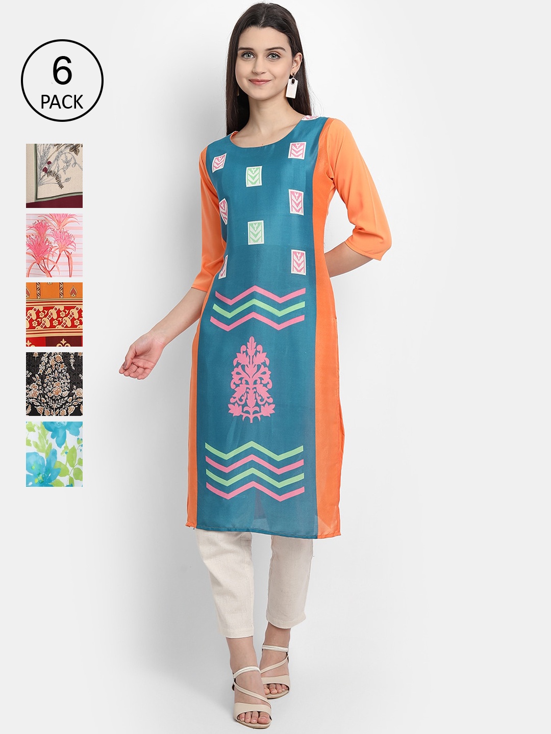 

7Threads Women Pack of 6 Printed Crepe Kurtas, Blue