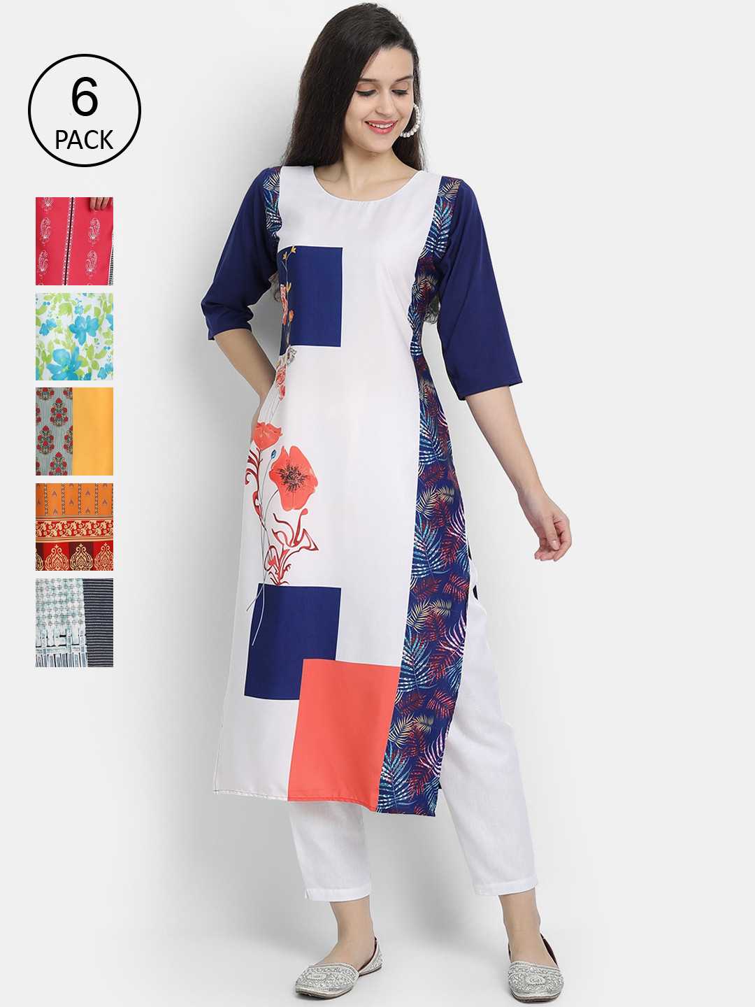 

7Threads Women Pack of 6 Ethnic Motifs Printed Crepe Kurta, Multi