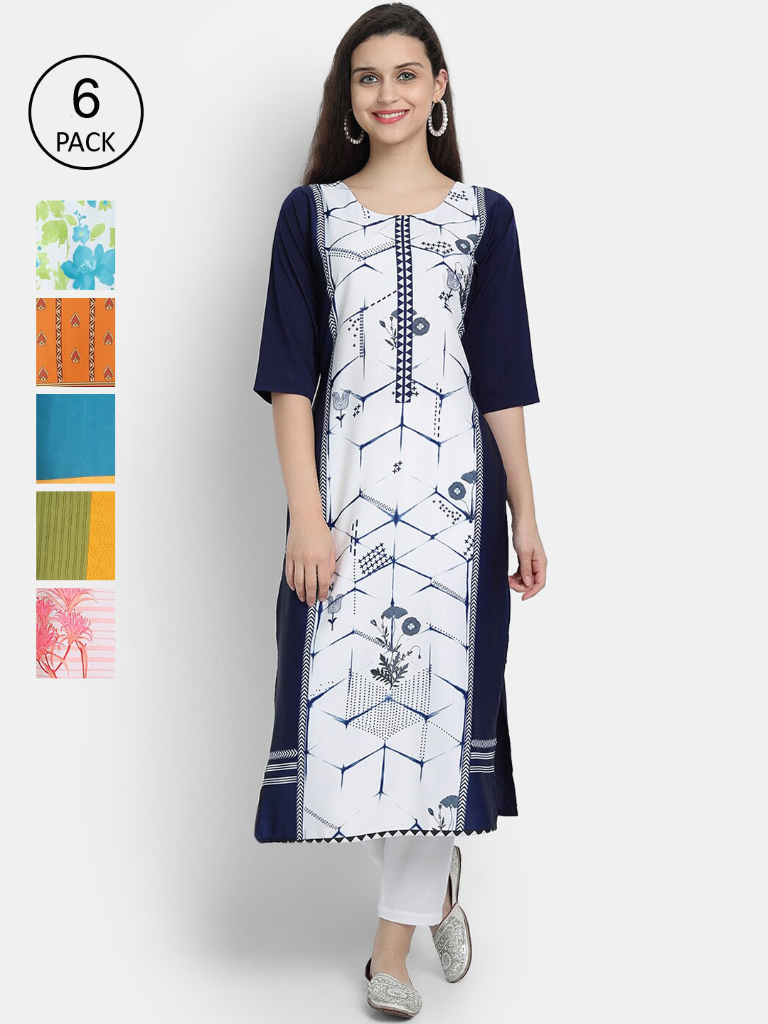 

7Threads Women Pack of 6 Geometric Printed Crepe Kurta, Multi