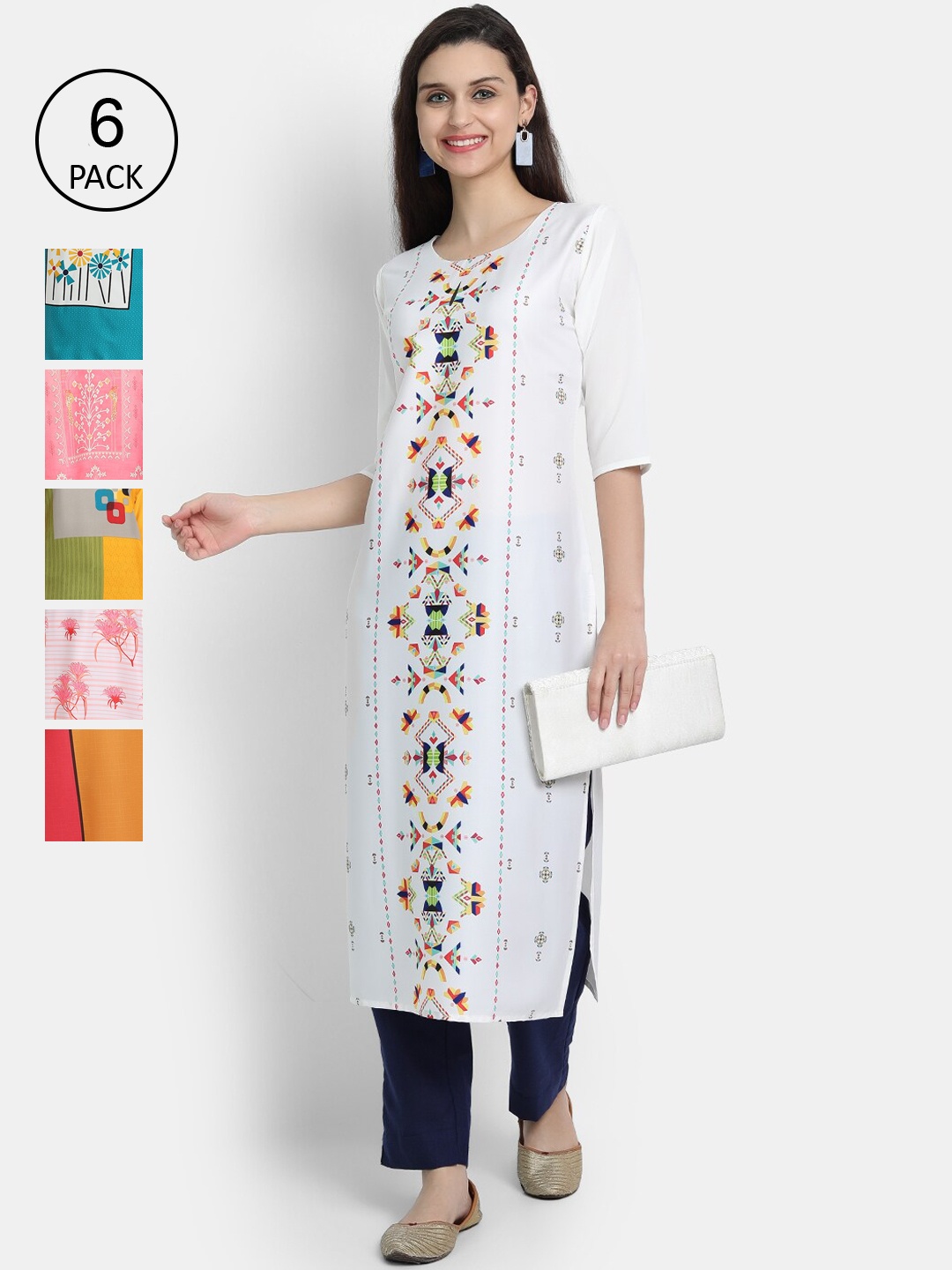 

7Threads Woman Pack of 6 Multicoloured Floral Printed Crepe Kurta, Multi