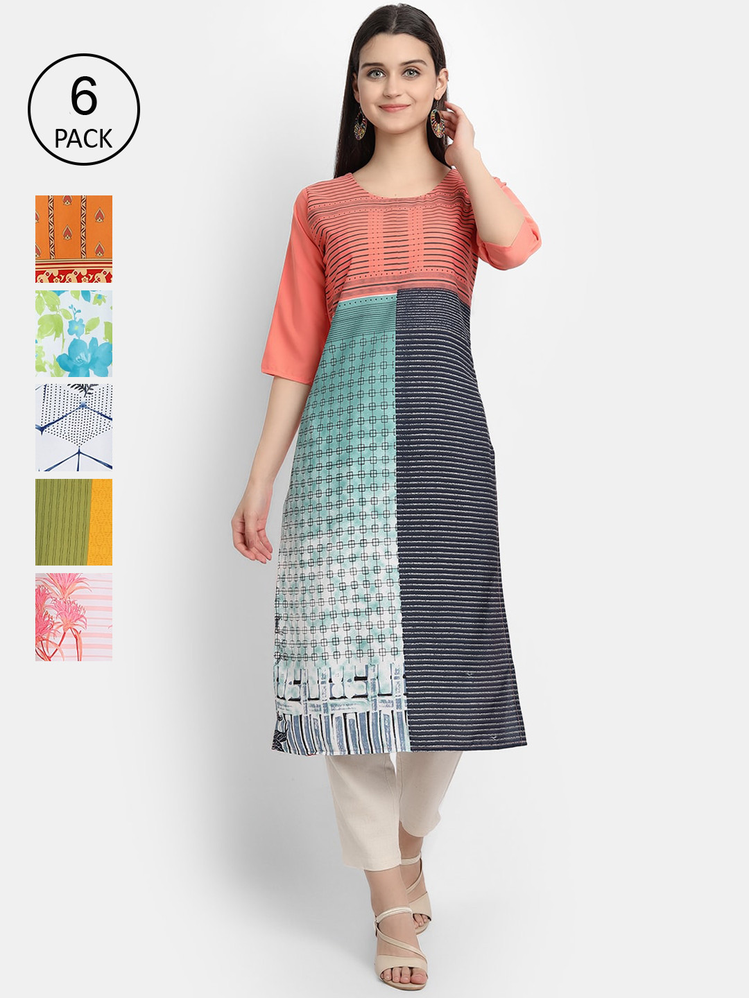 

7Threads Women Pack of 6 Ethnic Motifs Printed Crepe Kurta, Multi