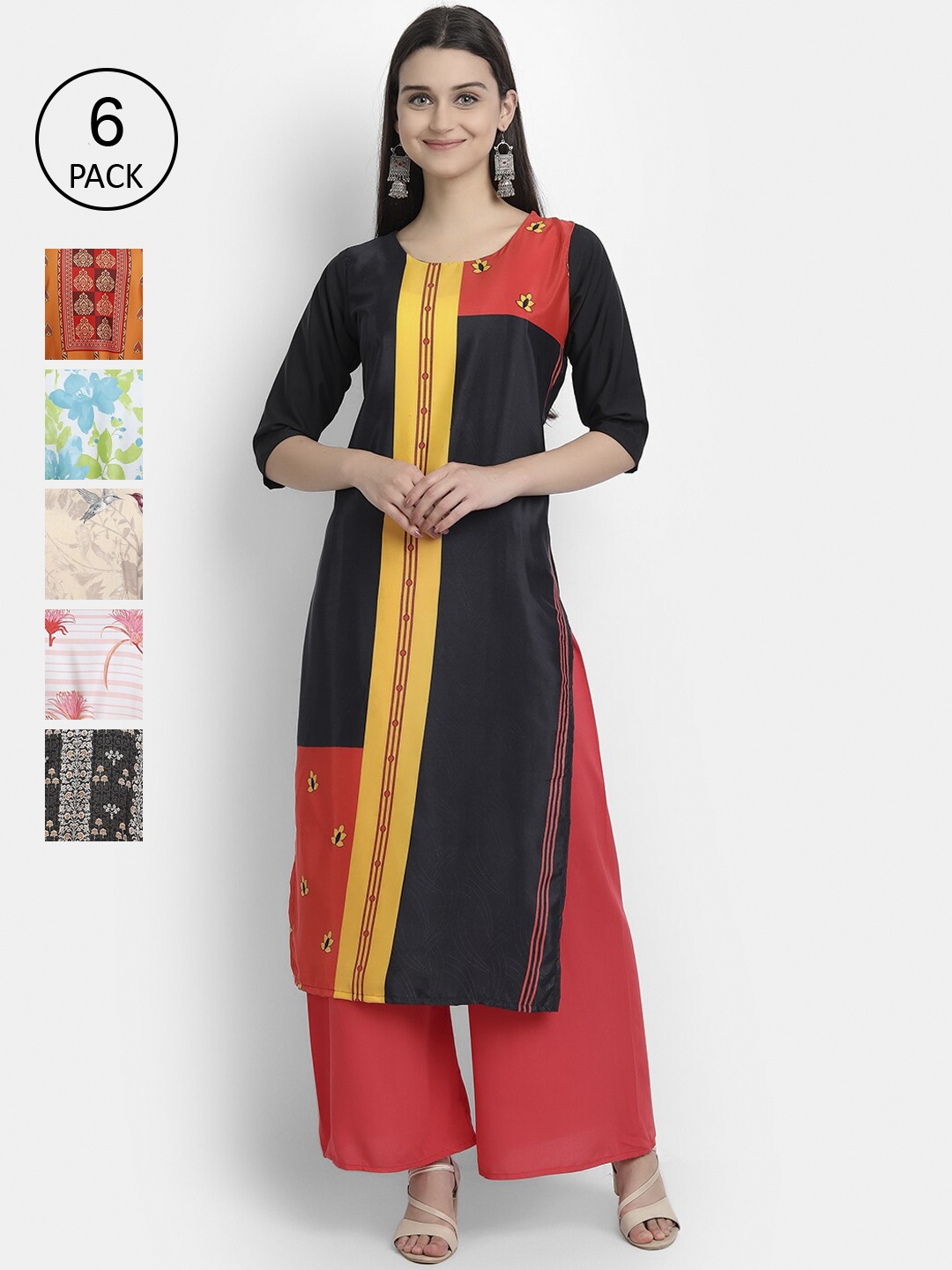 

7Threads Women Pack of 6 Ethnic Motifs Printed Crepe Kurta, Multi