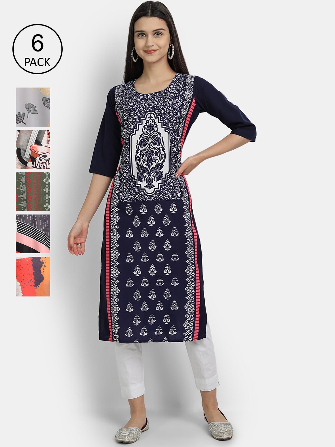 

7Threads Woman Pack of 6 Multicoloured Ethnic Motifs Printed Crepe Kurta, Multi