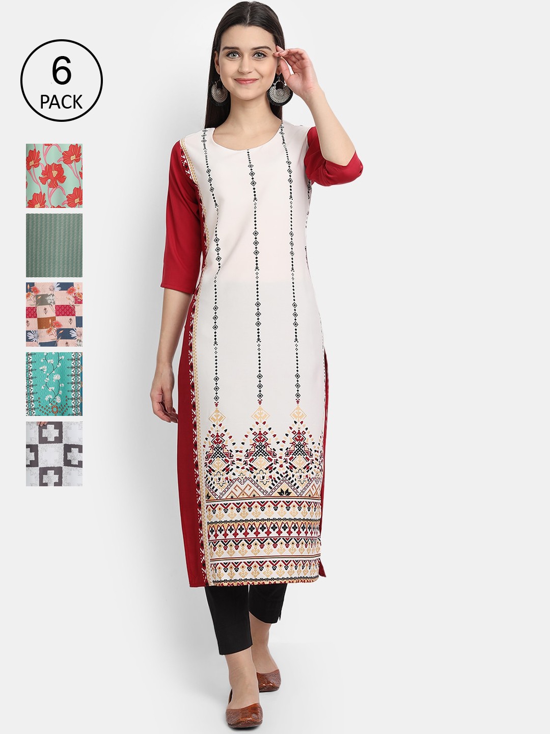

7Threads Women Pack Of 6 Printed Crepe Kurtas, White
