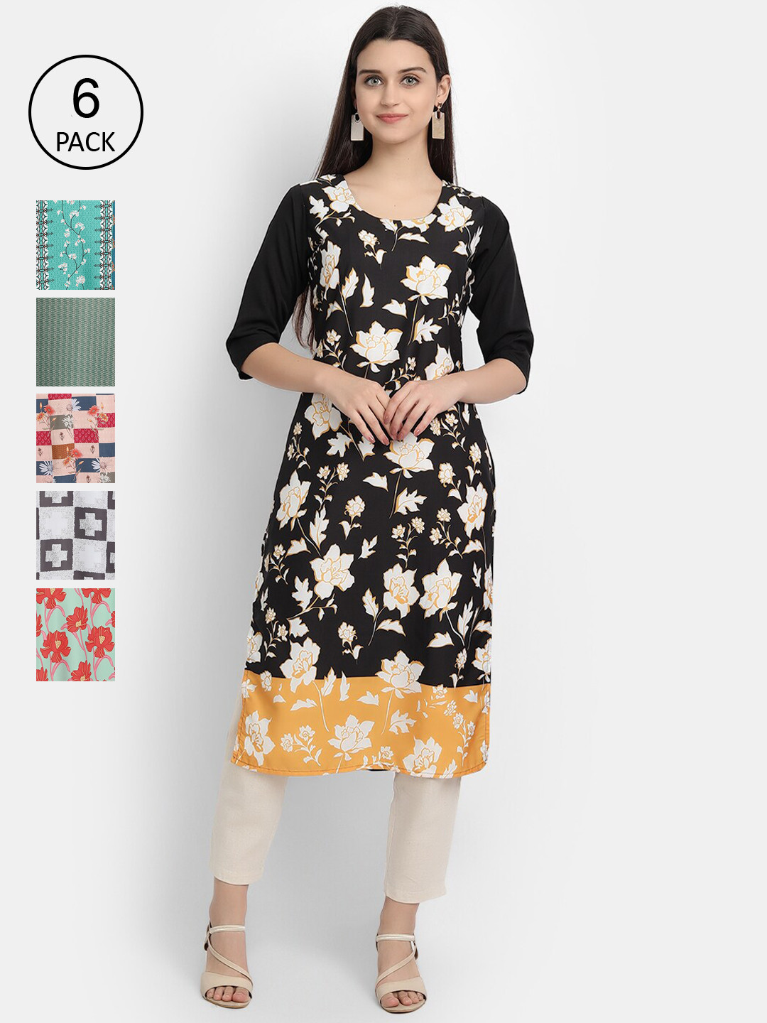 

7Threads Women Pack Of 6 Printed Crepe Kurtas, Black