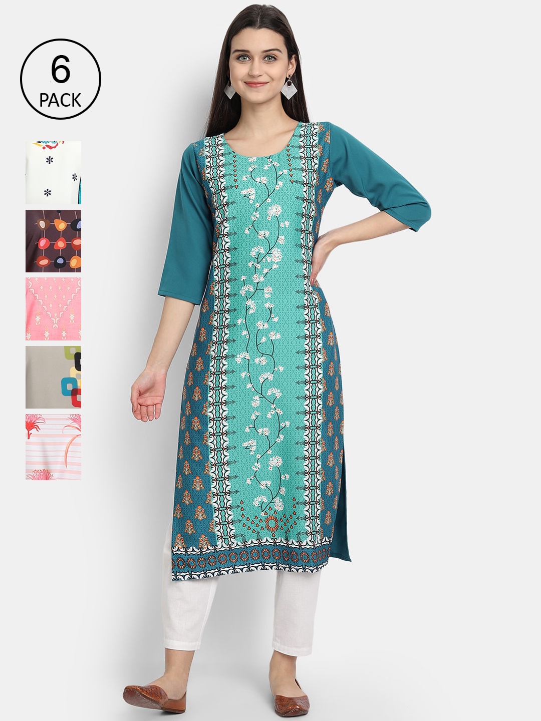 

7Threads Women Pack Of 6 Printed Crepe Kurtas, Green