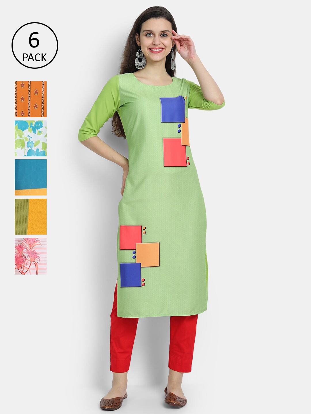 

7Threads Women Pack Of 6 Digital Printed Crepe Kurta, Green
