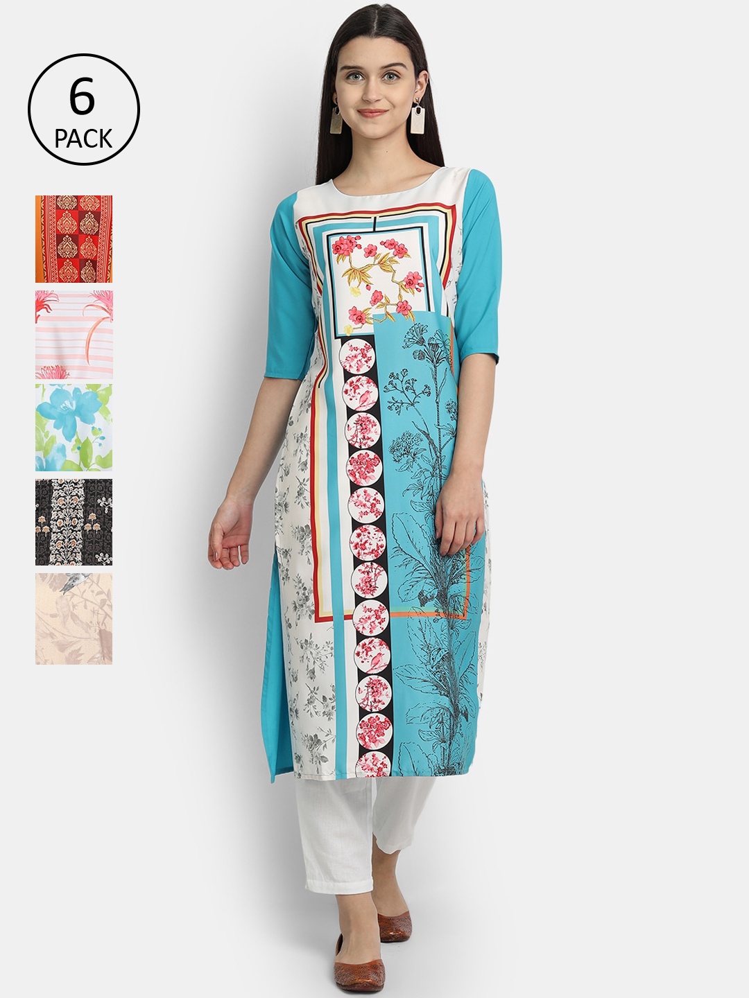

7Threads Women Multicoloured Pack of 6 Floral Printed Crepe Kurta, Multi