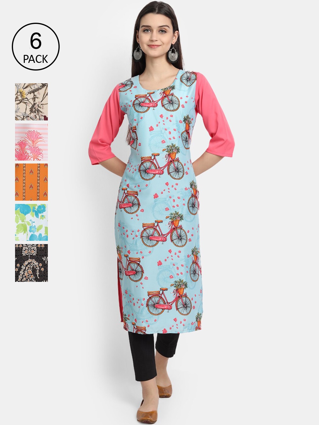 

7Threads Women Pack Of 6 Floral Printed Crepe Kurta, Multi