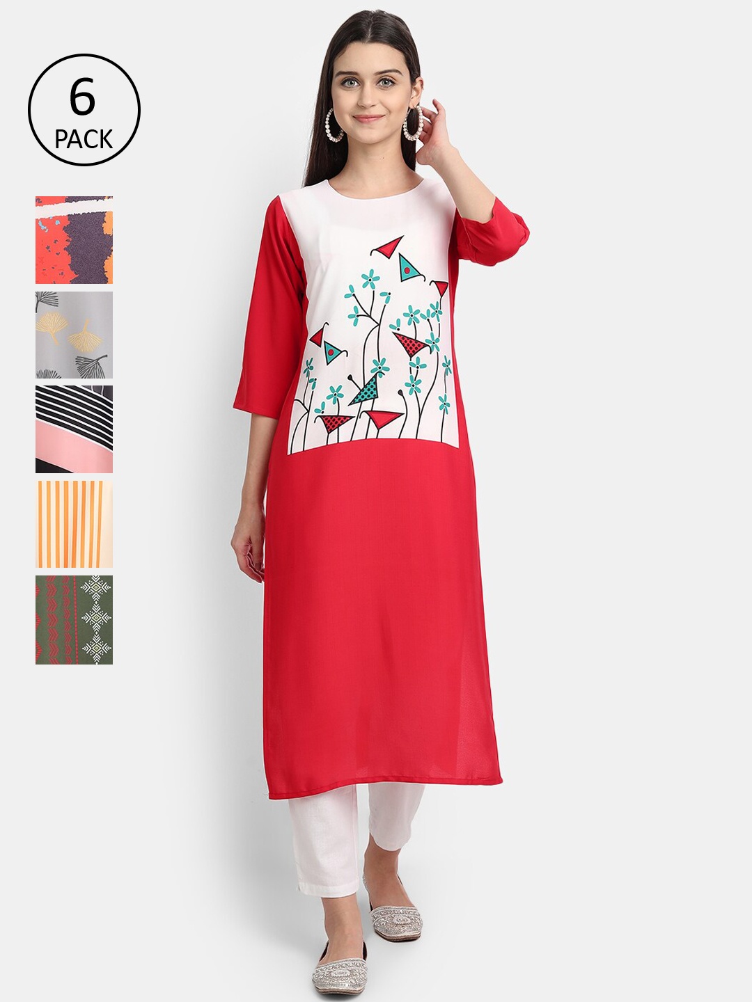 

7Threads Women Pack Of 6 Printed Crepe Kurtas, Orange