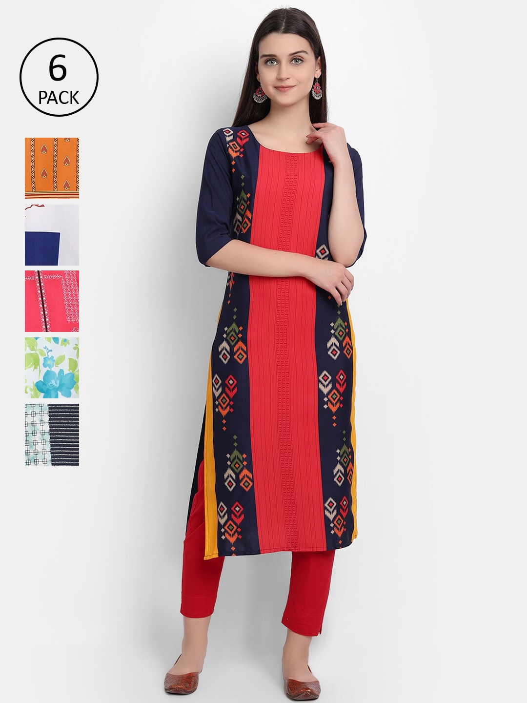 

7Threads Women Pack Of 6 Digital Printed Crepe Kurta, Red