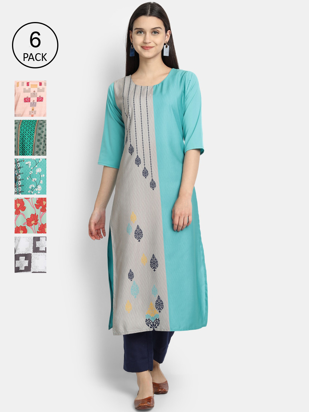 

7Threads Women Multicoloured Pack of 6 Embroidered Thread Work Crepe Kurta, Multi