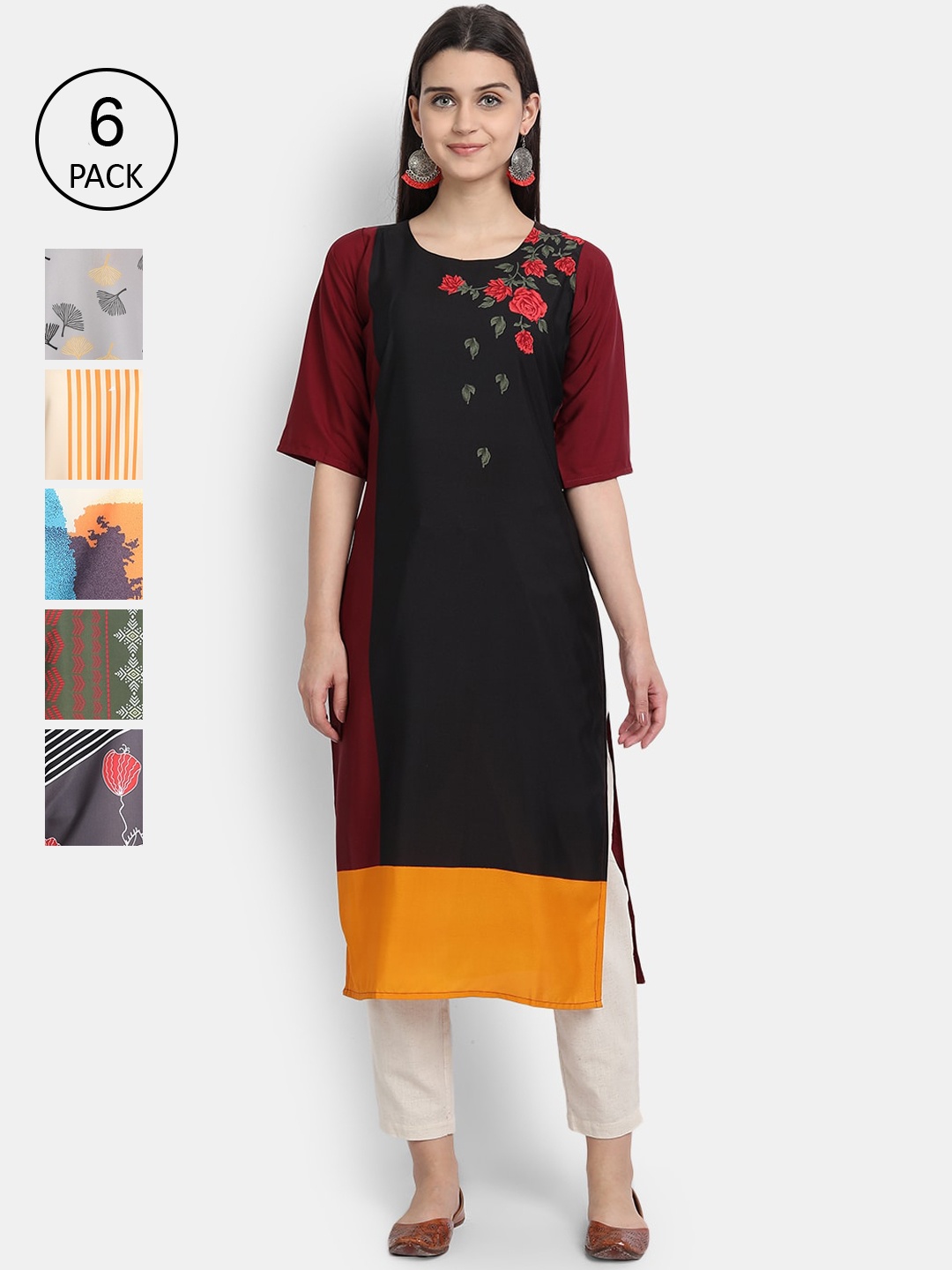 

7Threads Women Pack Of 6 Digital Printed Crepe Kurta, Black