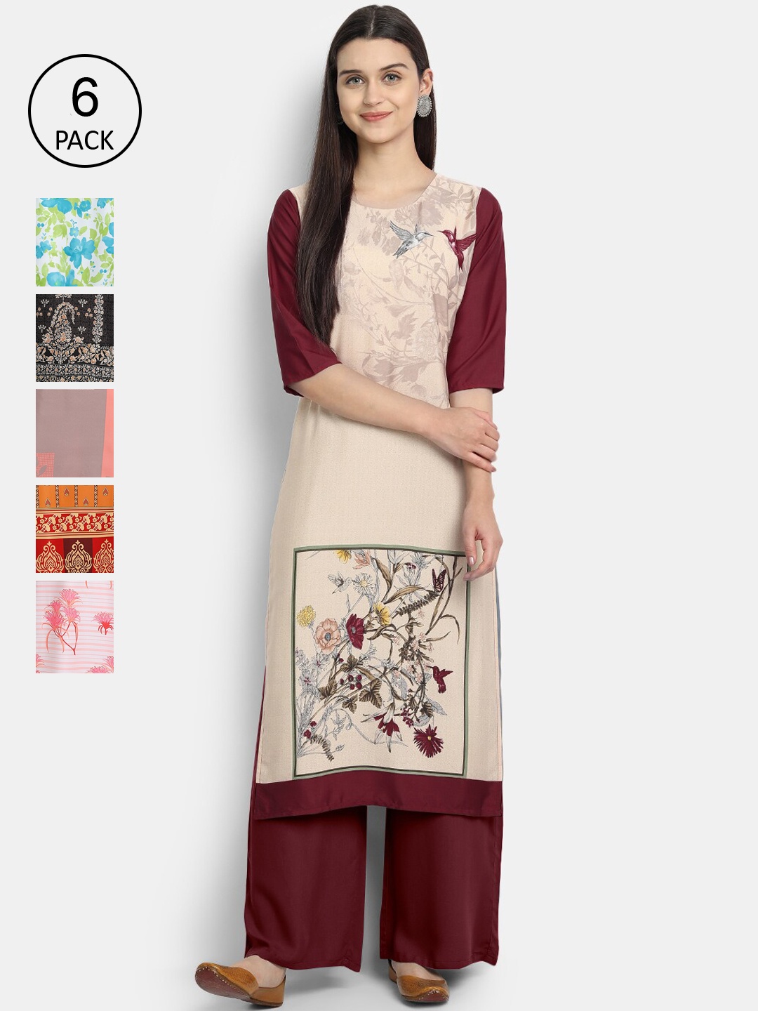 

7Threads Women Pack Of 6 Floral Printed Crepe Kurta, Multi