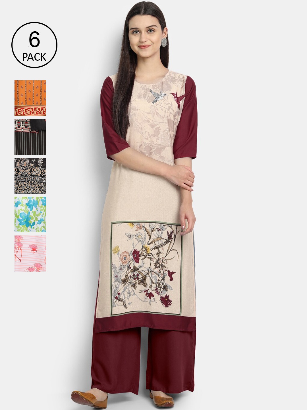 

7Threads Women Pack of 6 Digital Printed Straight Crepe Kurtas, Multi