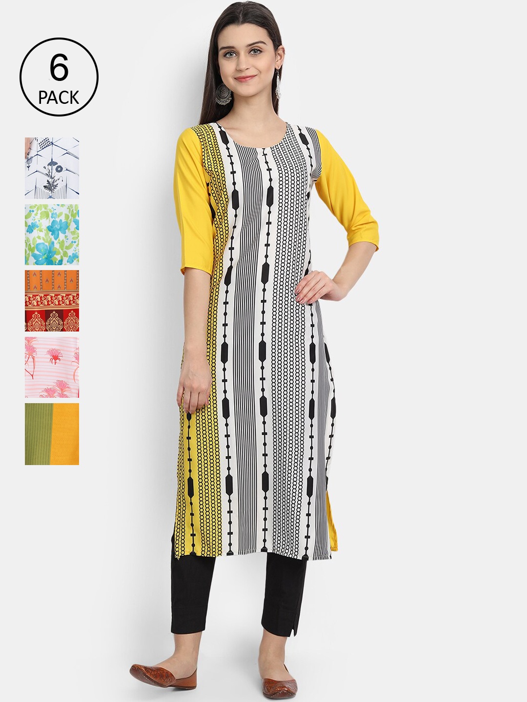 

7Threads Women Pack Of 6 Digital Printed Crepe Kurta, Yellow