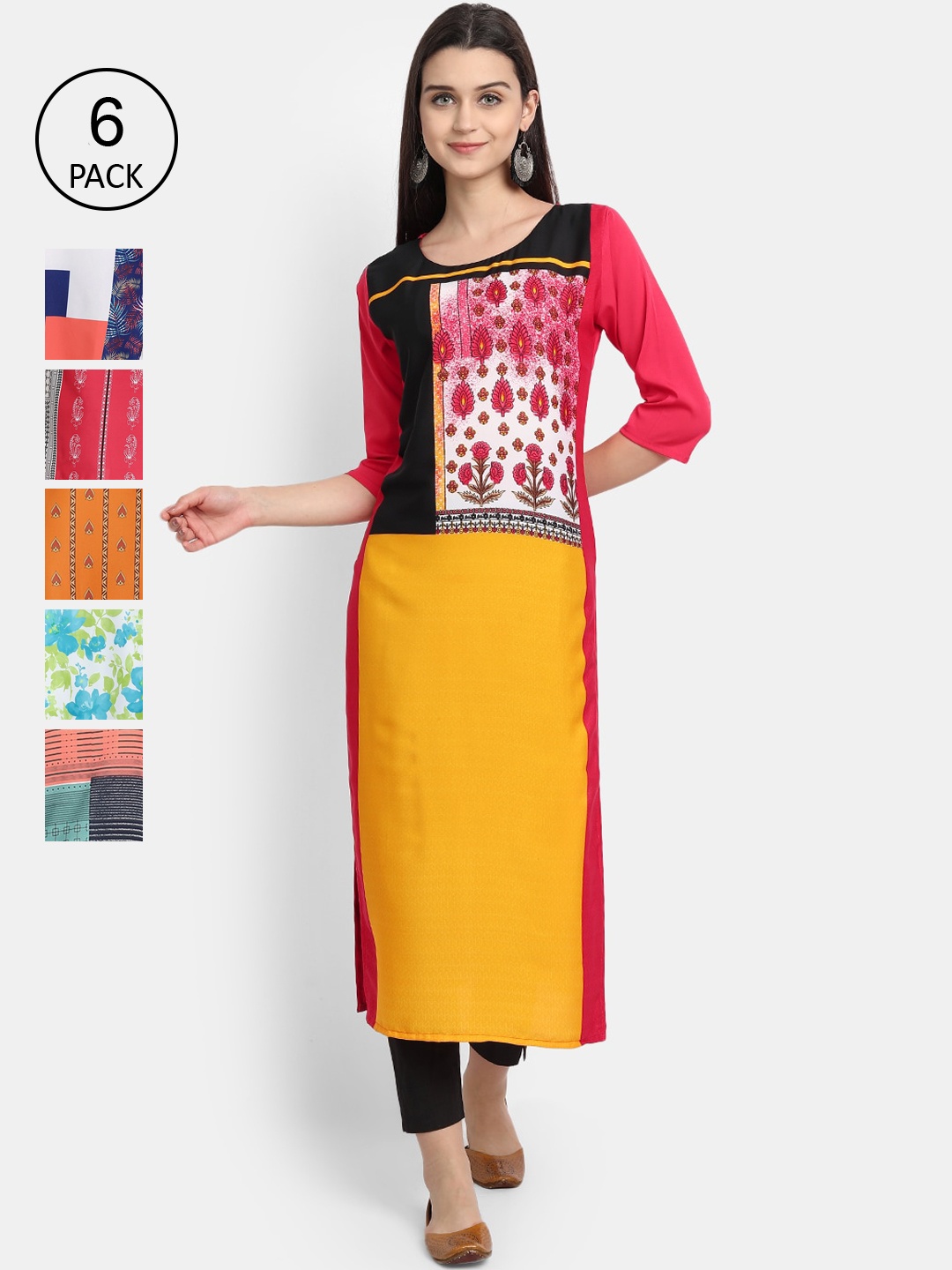 

7Threads Women Pack Of 6 Ethnic Motifs Printed Crepe Kurta, Multi