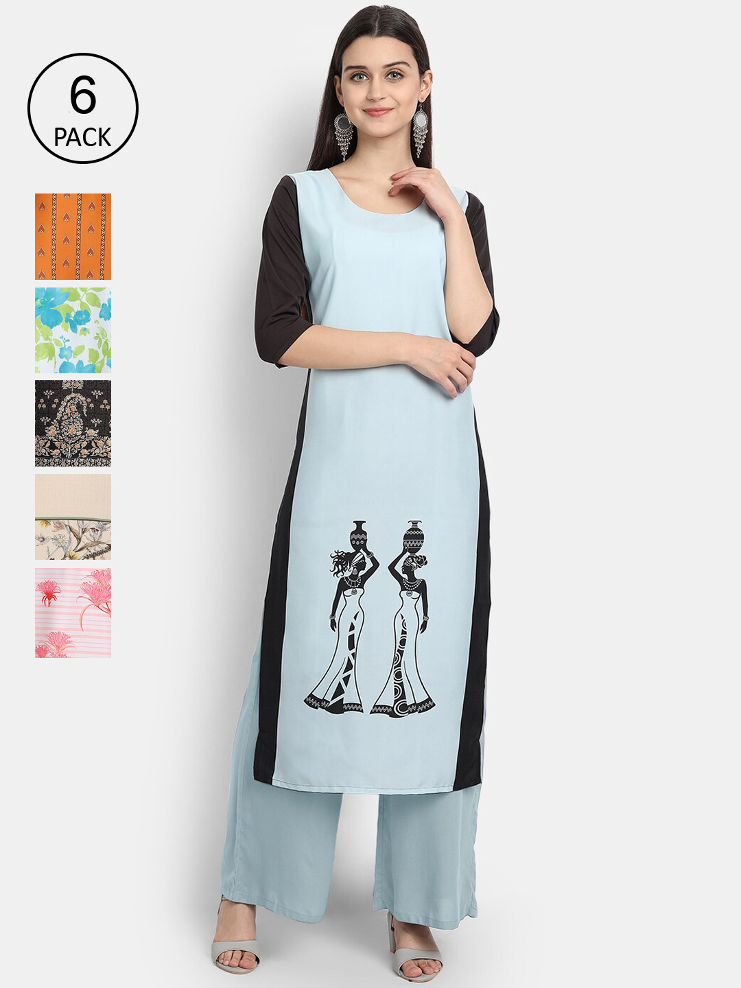 

7Threads Women Multicoloured Pack of 6 Printed Flared Sleeves Thread Work Crepe Kurta, Multi