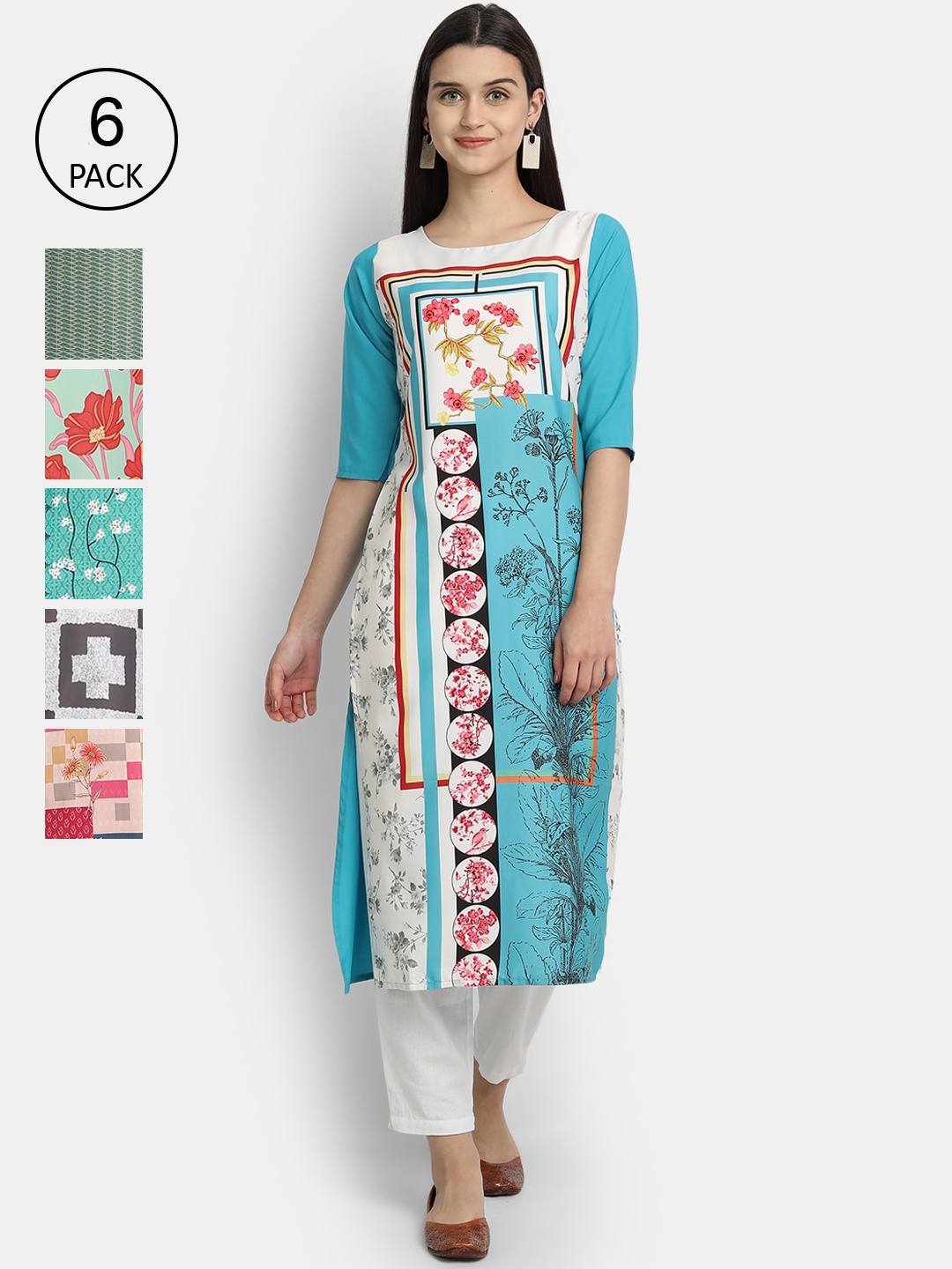 

7Threads Women Pack of 6 Crepe Kurta, Green