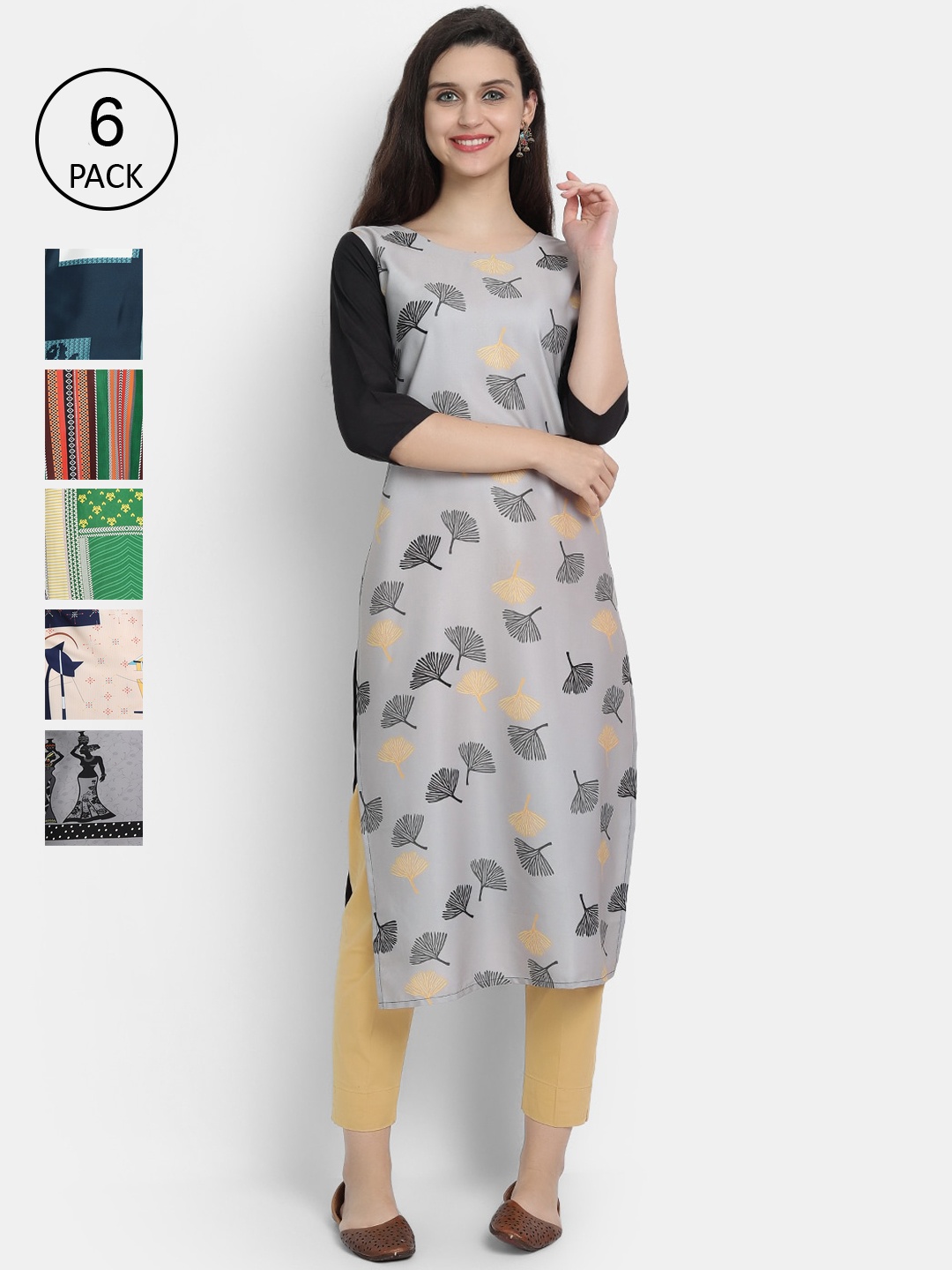 

7Threads Women Pack Of 6 Ethnic Motifs Printed Crepe Kurta, Grey