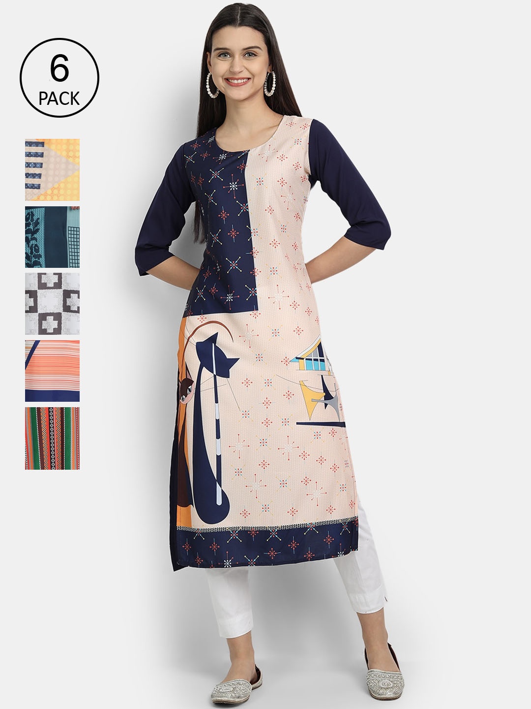 

7Threads Women Pack of 6 Geometric Printed Crepe Kurta, Multi