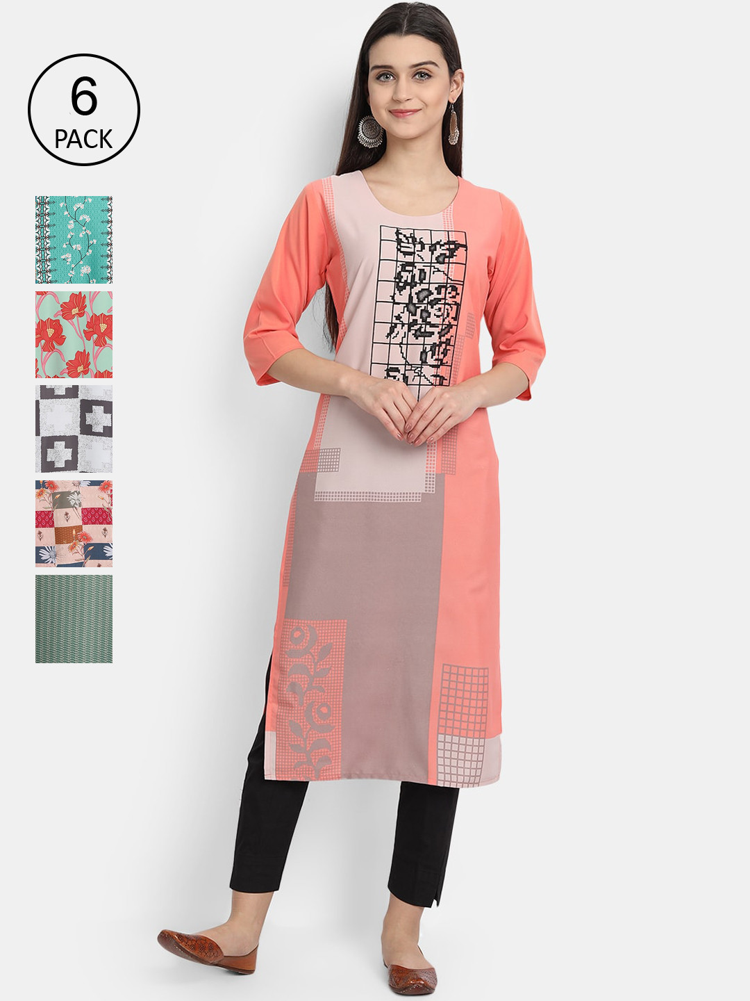 

7Threads Women Pack Of 6 Ethnic Motifs Printed Crepe Kurta, Pink
