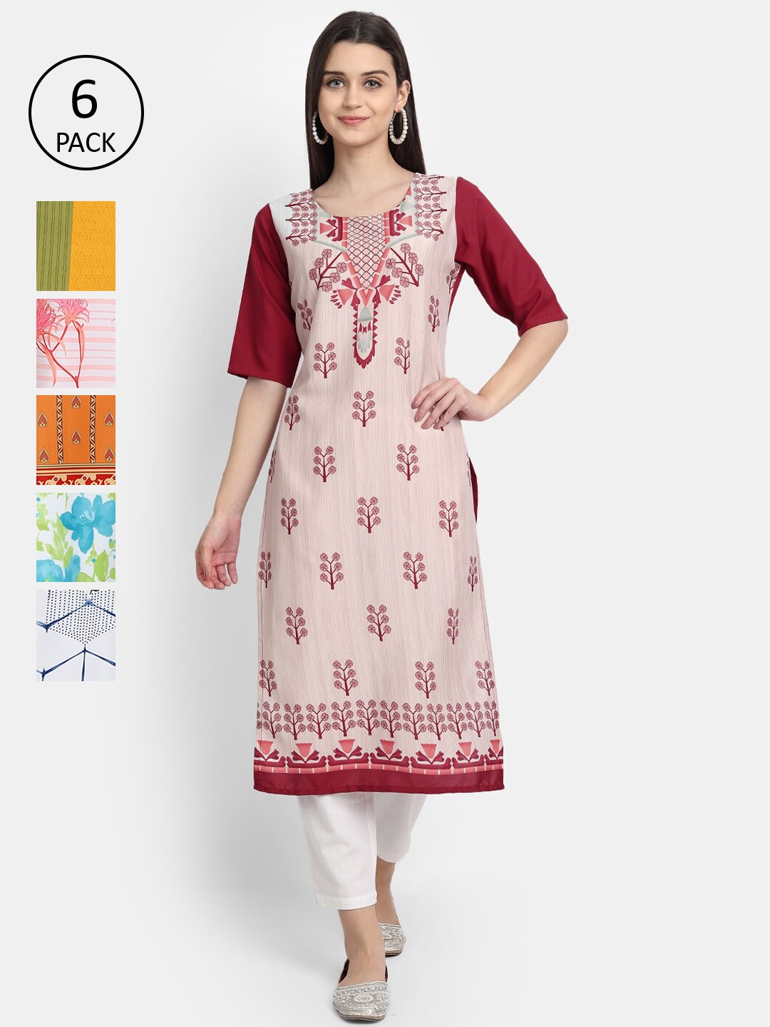 

7Threads Women Pack of 6 Ethnic Motifs Printed Crepe Kurta, Multi