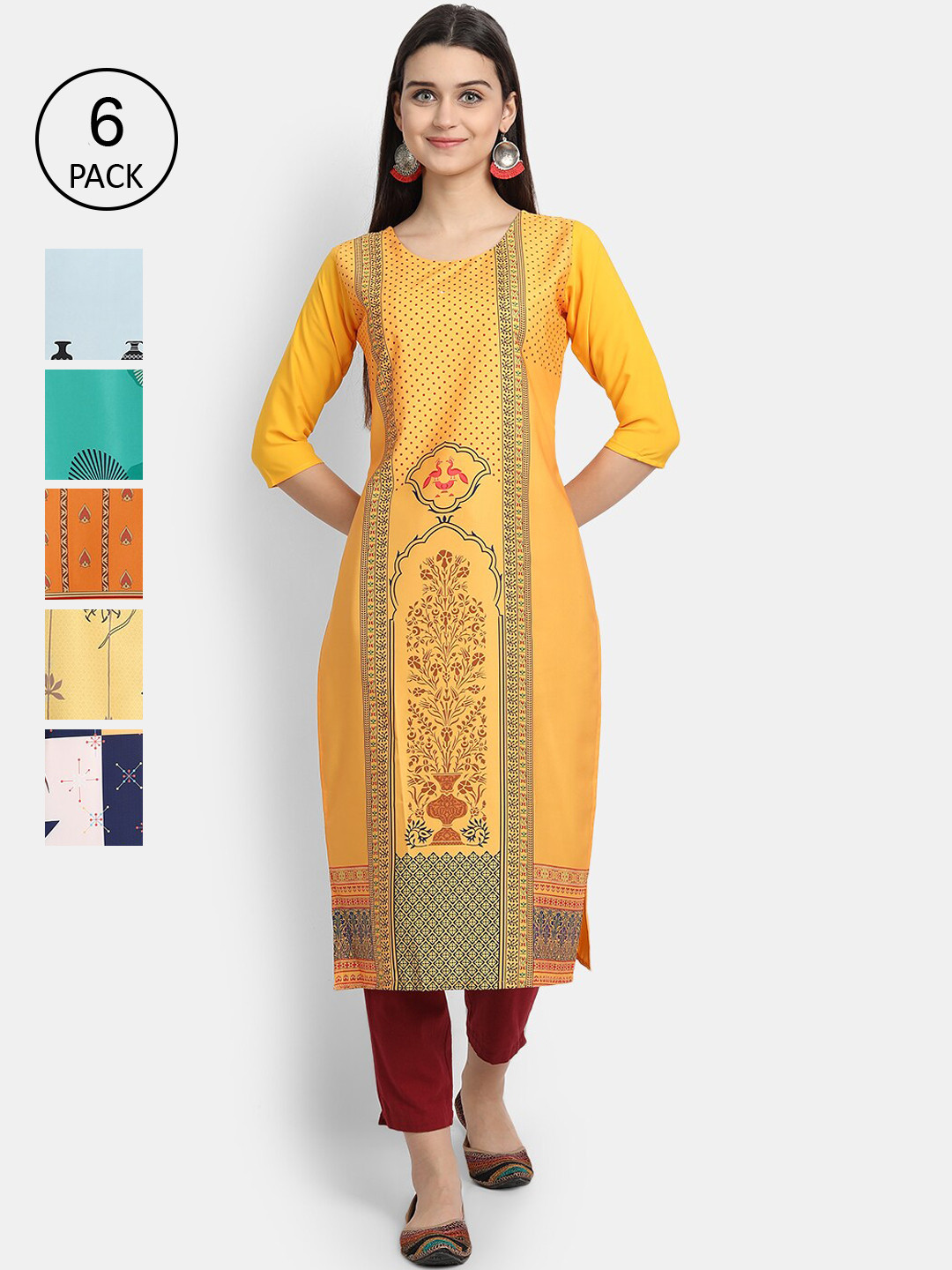 

7Threads Women Pack Of 6 Ethnic Motifs Printed Crepe Kurta, Multi
