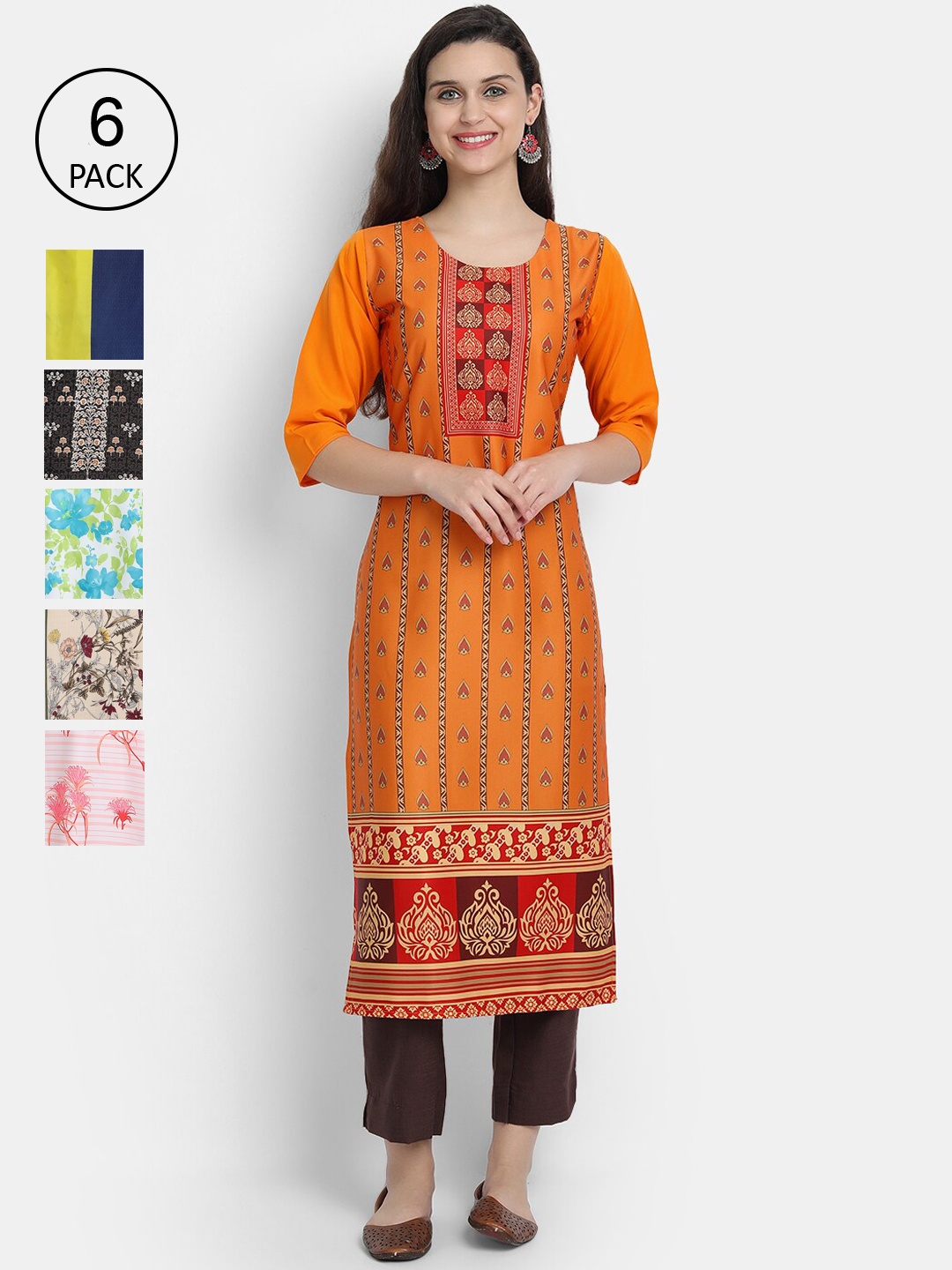 

7Threads Women Pack of 6 Ethnic Motifs Digital Printed Straight Crepe Kurtas, Multi