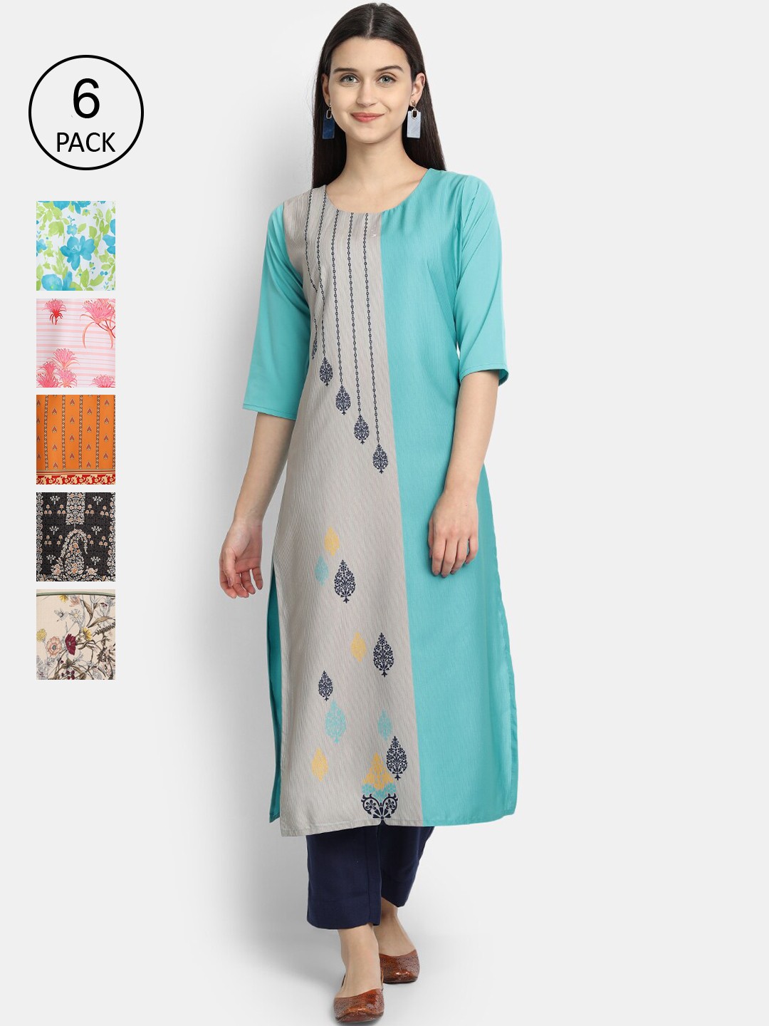 

7Threads Women Pack Of 6 Ethnic Motifs Printed Crepe Kurta, Blue