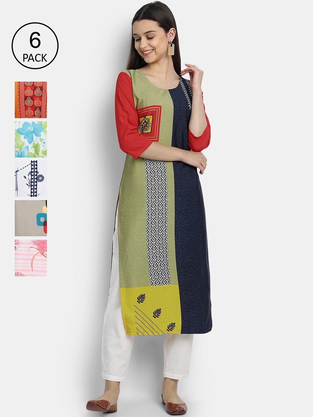 

7Threads Women Pack Of 6 Multicoloured Geometric Patchwork Crepe Kurtas, Multi