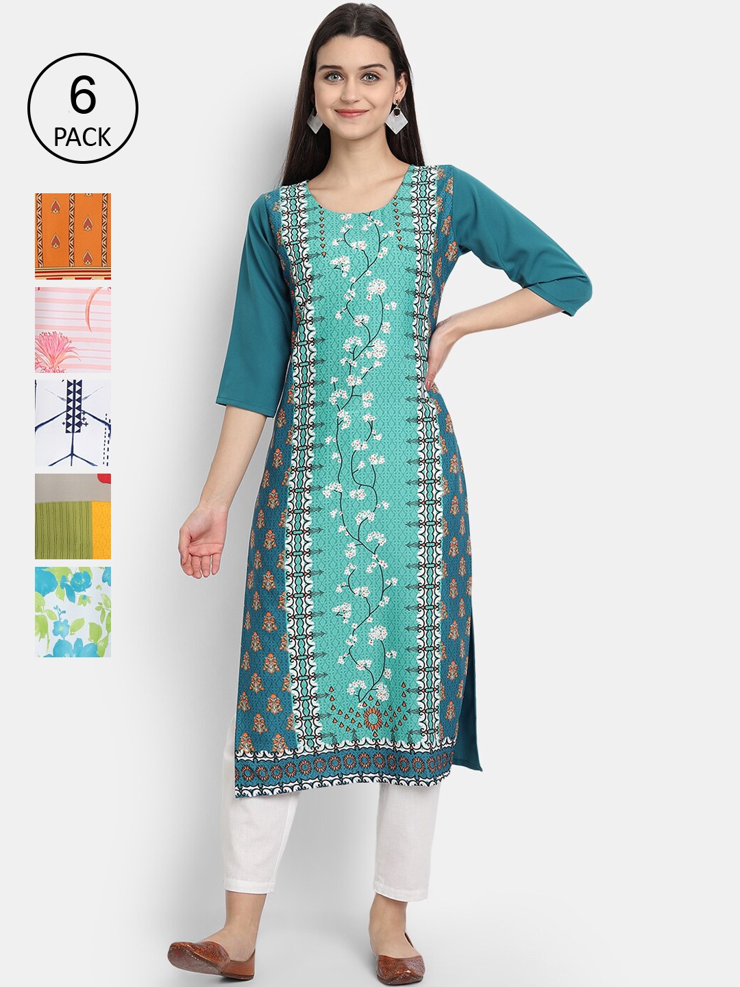 

7Threads Women Pack Of 6 Ethnic Motifs Printed Crepe Kurta, Multi