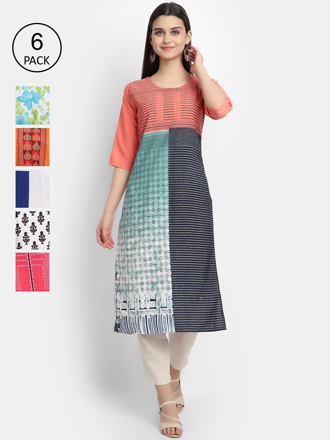 

7Threads Women Multicoloured Pack Of 6 Crepe Kurta, Multi