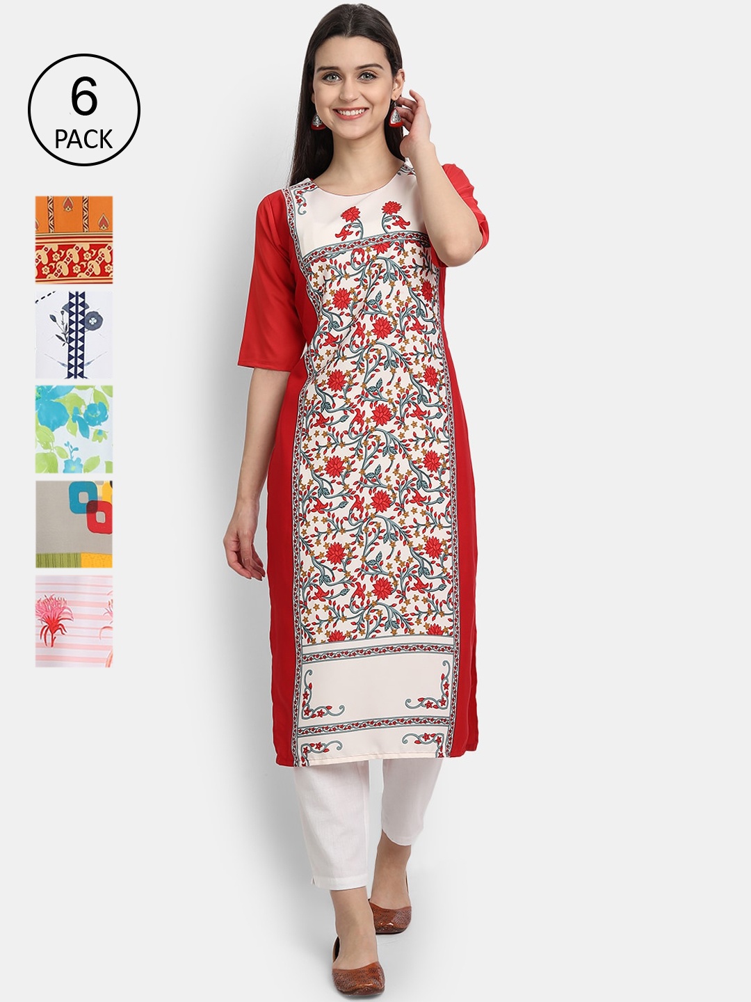 

7Threads Women Pack Of 6 Printed Round Neck Crepe Kurta, Multi